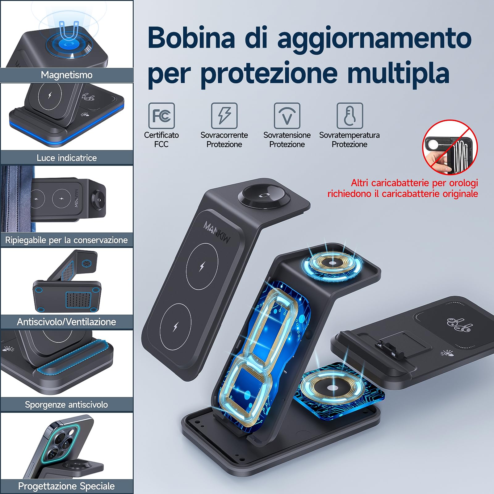 3 in 1 Stazione Ricarica per iPhone 16/15/14/13/12/XS/X/8 serie,MANKIW Caricabatterie Wireless per i-Watch 1-0/9/8/Ultra/7/6/SE/5/4/3/2, per Air Pods 3/4/Pro 2