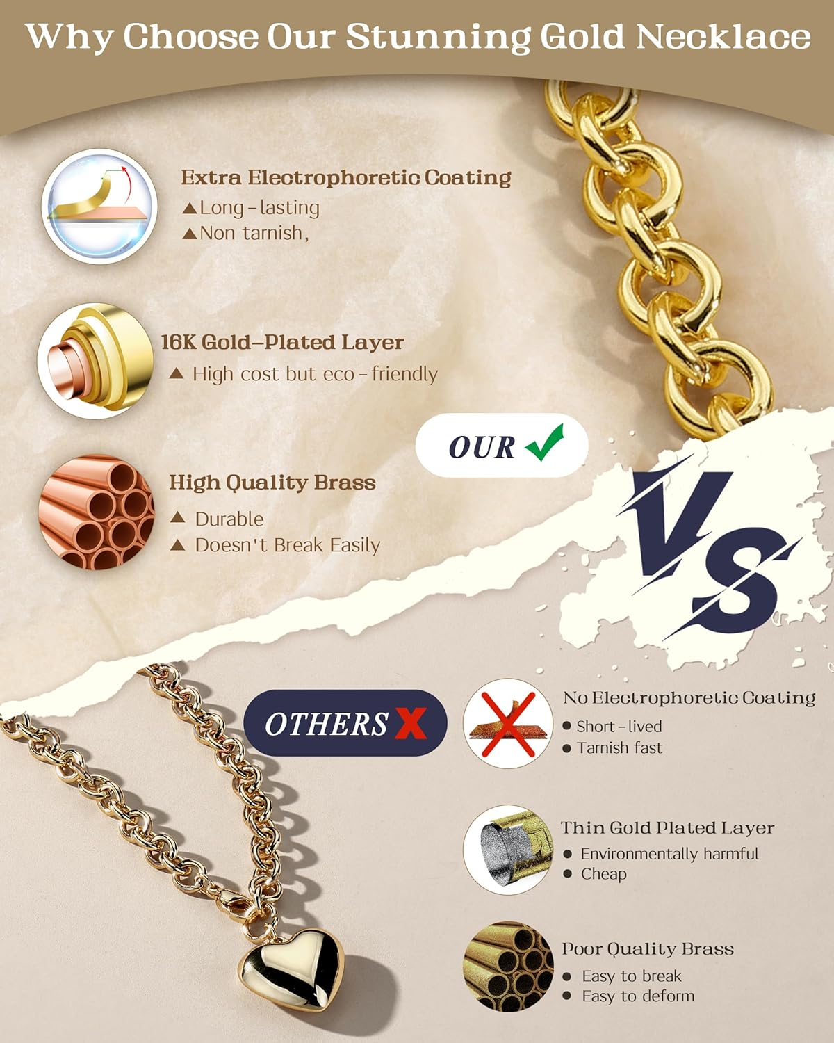 TEN MIRO 16k Gold Plated Chunky Gold Plated Necklace for Women Non Tarnish, 36'' /92cm Long Chunky Heart Necklace layered Puffy Heart Necklaces Long Thick Pendant Bold Statement Necklaces for Women Trendy - Image 3