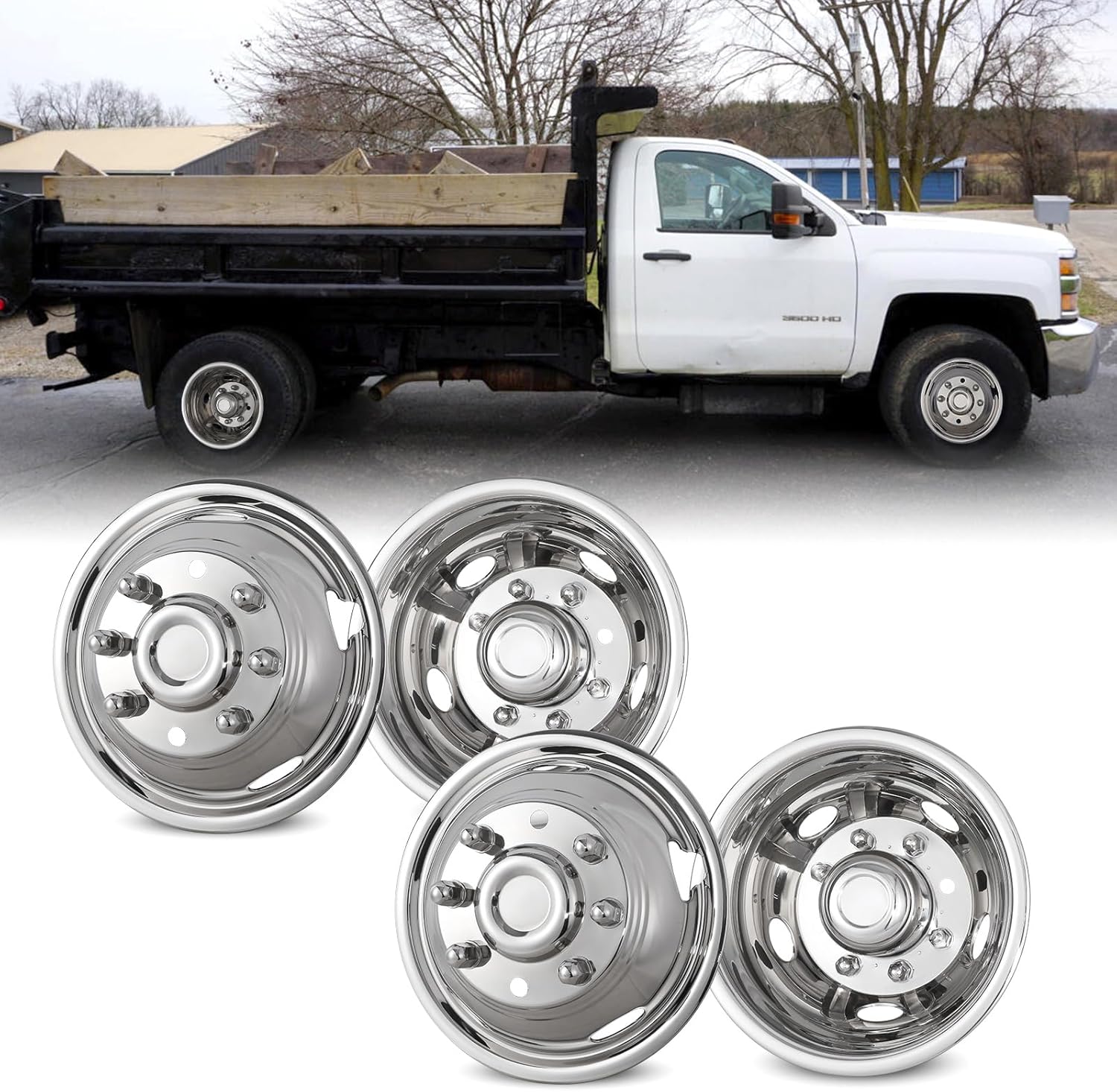 17" Dually Wheel Simulators for 2011-2025 Chevy & GMC 3500, Set of 4,Over-The-Lug Mounting,Stainless Steel Dually Hubcaps-17 Inch Stainless Steel Finish, 8 Lugs, 5 Hand Holes