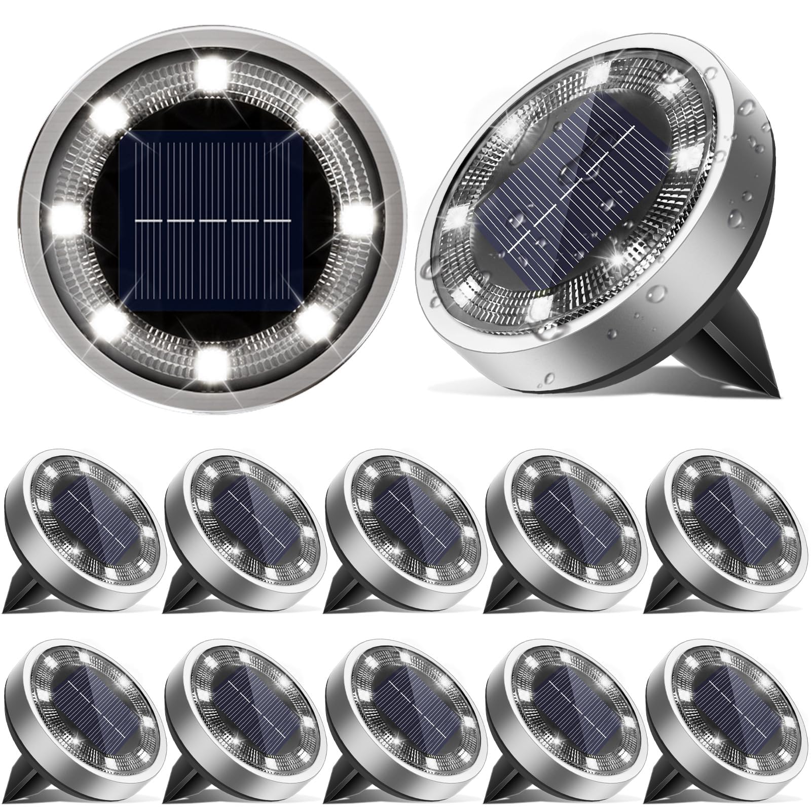 Solar Lights Outdoor Garden, 12 Pack Super Bright Led Solar Ground Lights, IP65 Waterproof Disk Light, Flat Pathway Lighting for Garden Lawn Patio Deck Walkway Landscape-Cold White