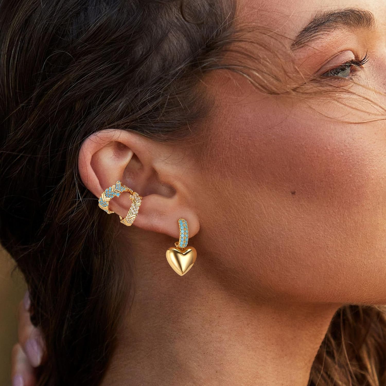 Heart Dangle Hoop Earrings for Women 14K Gold Plated Love Heart Huggies Earrings Hypoallergenic Trendy Minimalist Jewelry - Image 2