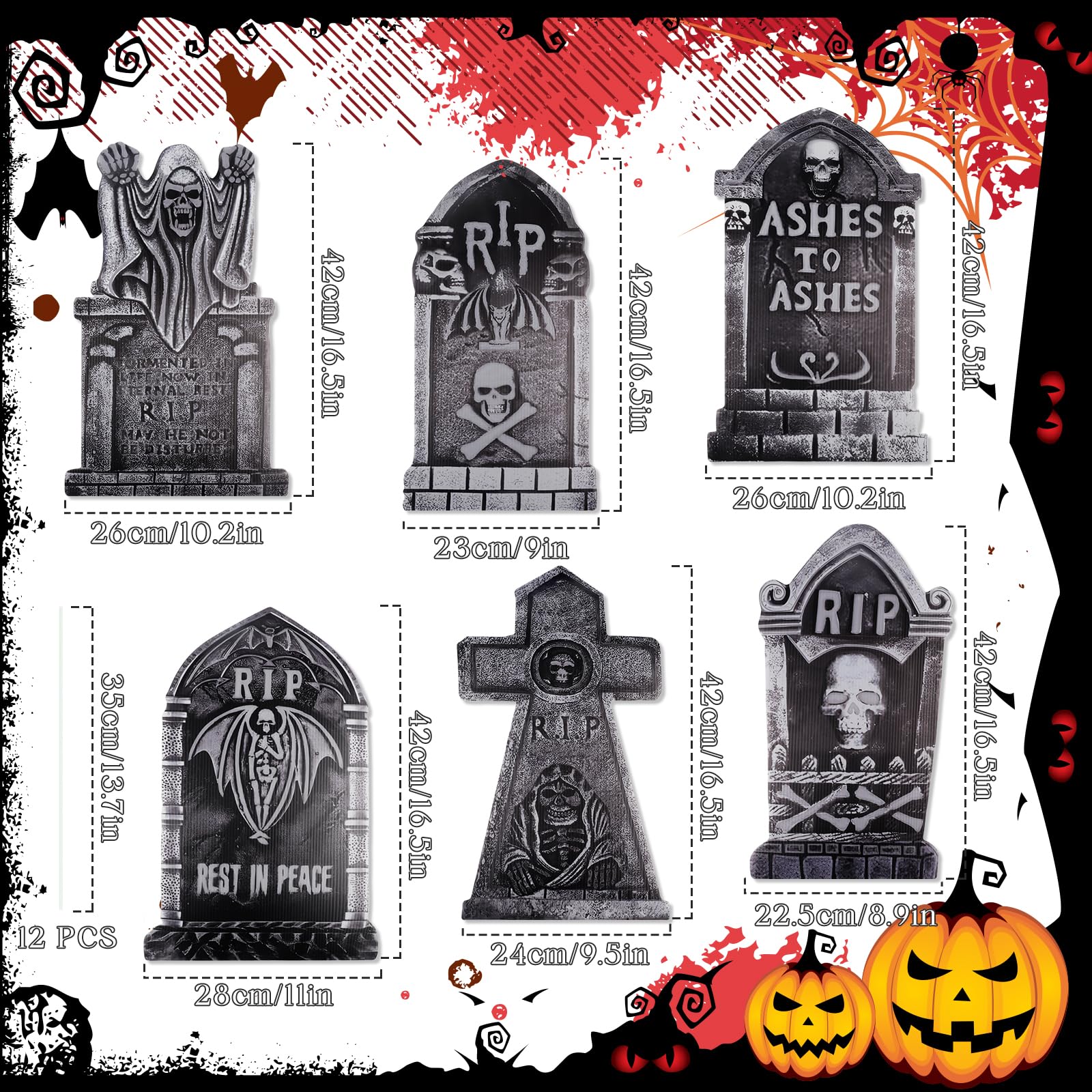 6 Pièces Pierre Tombale Halloween,42 cm Pierres Tombales RIP avec 12 Piquets en Plastique pour Halloween Jardin