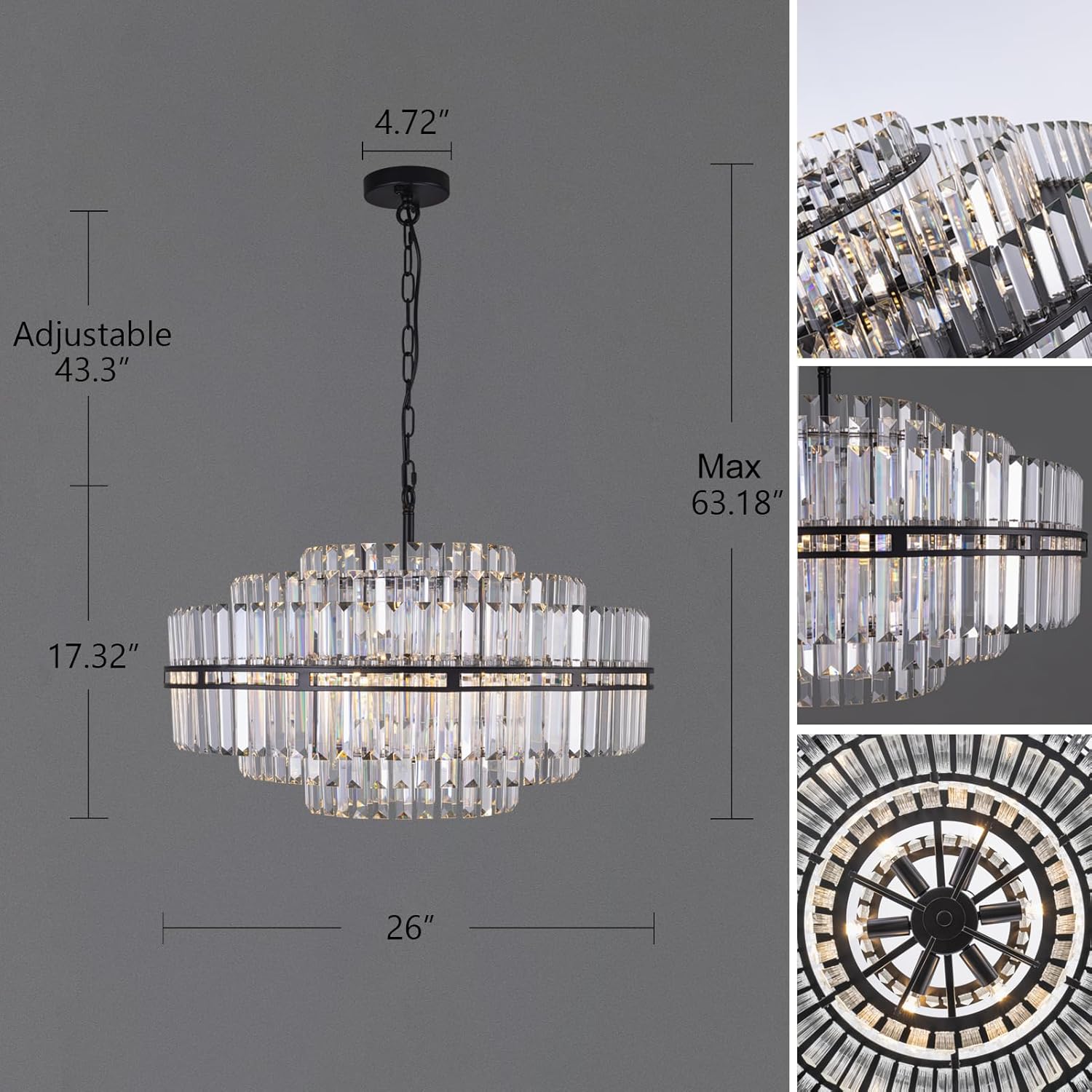 TOCHIC Black Crystal Chandelier 6-Light Modern Round Chandelier, 3 Tiers Crystal Large Ceiling Light Fixture for Dining Living Room, Bedroom, Bathroom, Kitchen, Entryway, 26"