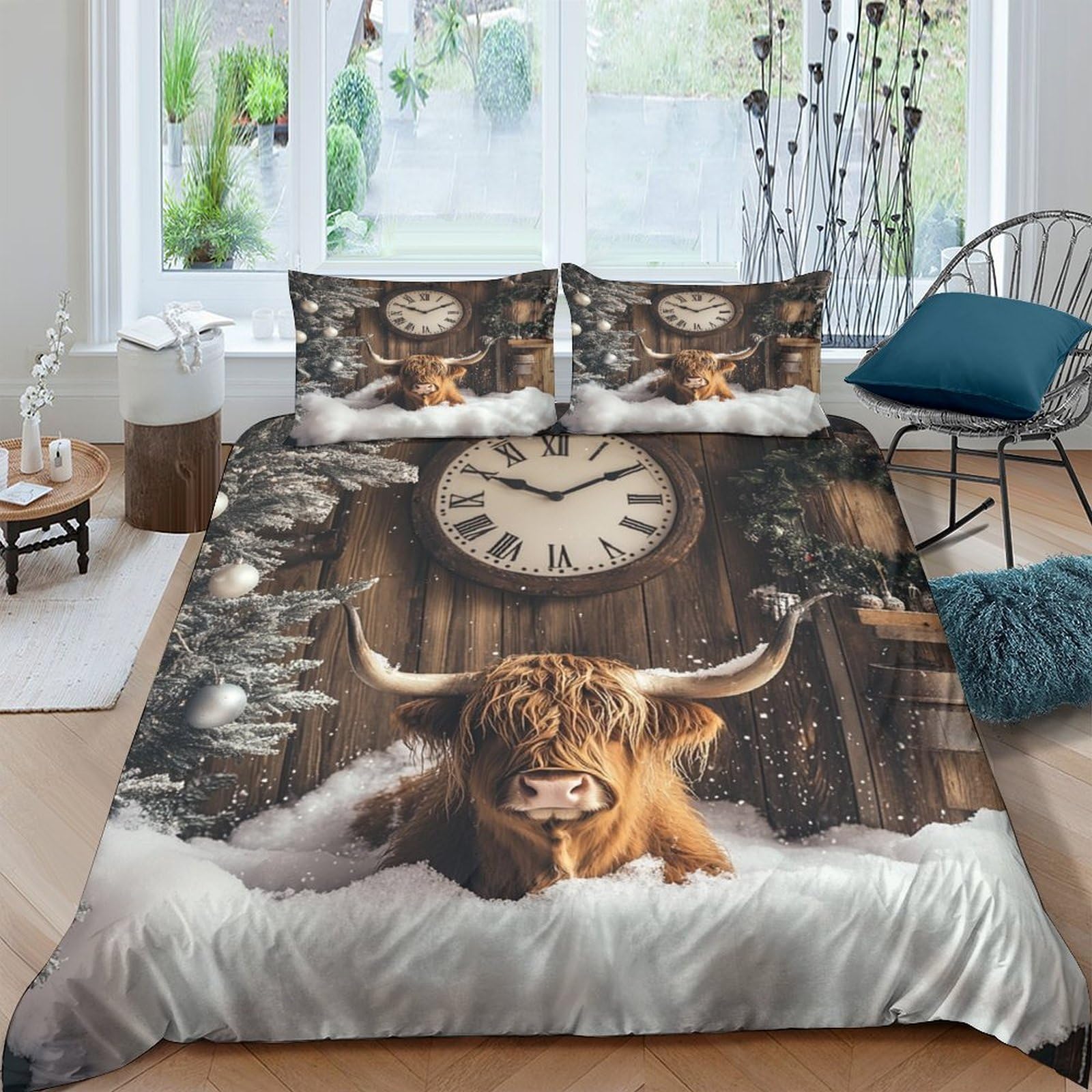 Ctjqhvkz Style-4 3D Printed Highland Cattle Fitted Sheet Microfiber Soft Brown Rustic Clock Bed Cover For Bedroom Dorm Easy Care Single（135X200cm）