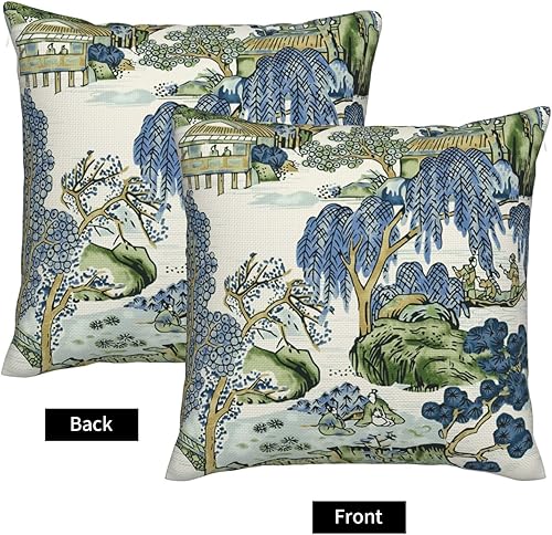 Miniatura 4 de Chinoiserie - Juego de 2 fundas de almohada de 18 x 18 pulgadas, color azul asiático escénico y verde Kelly, fundas de almohada decorativas de lino