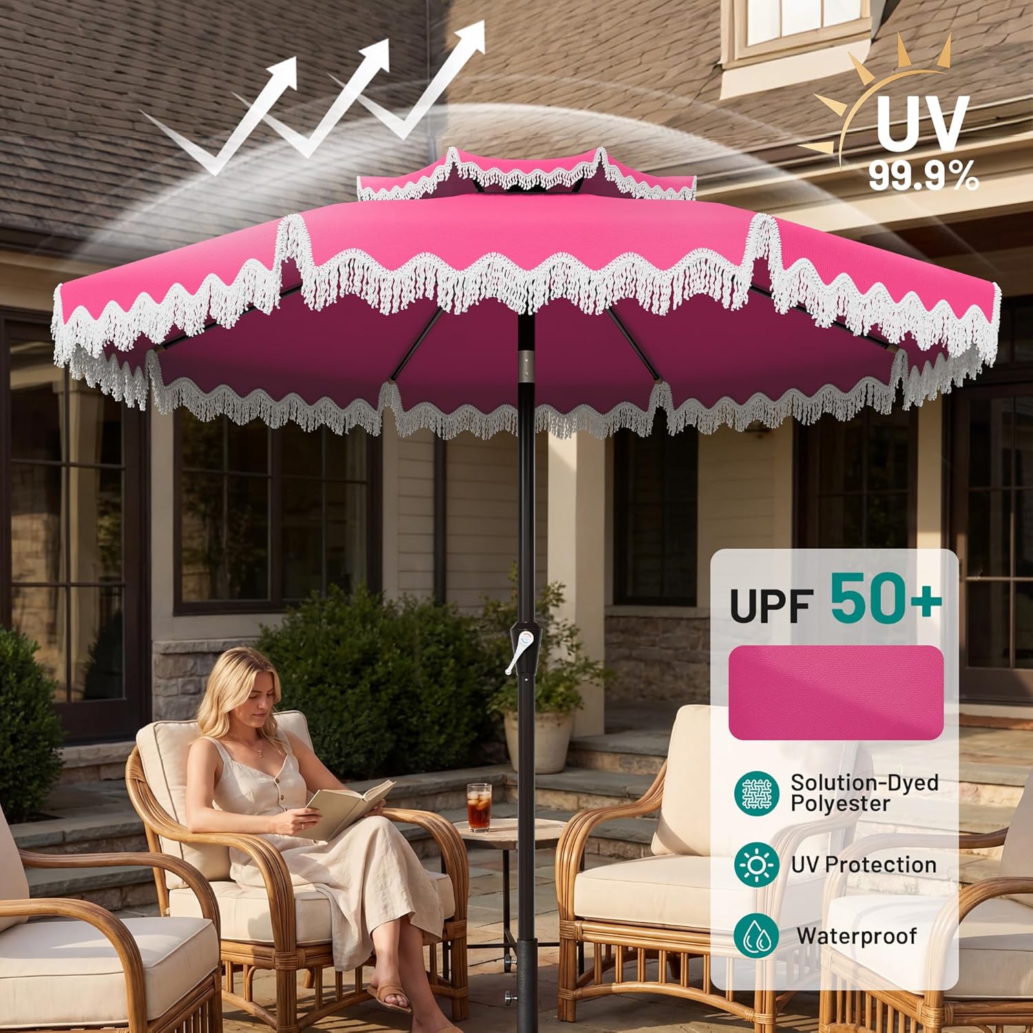 AreShark 9FT Patio Umbrella with Fringe, Wind-Resistant Fiberglass 8 Ribs Tassel Outdoor Umbrella with Crank and Push Button Tilt, Double Tier Vent Sun Shade for Pool, Deck, Backyard, Rose Pink