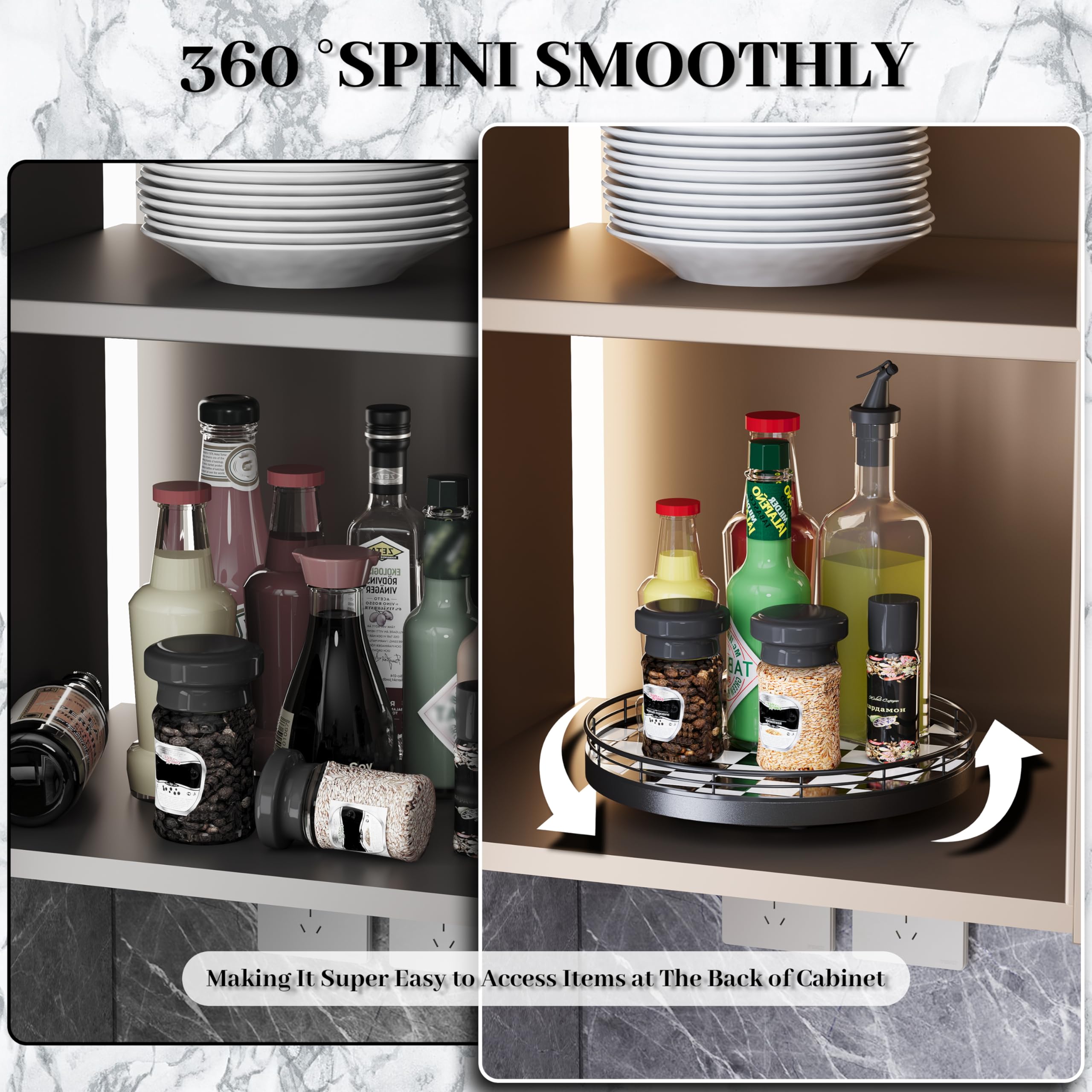 Organizador Lazy Susan de 10.2 pulgadas de tablero de ajedrez blanco y negro, bandeja giratoria con base de roble, marco de hierro y azulejos de cerámica, perfecto para mesa de comedor, armario de 7