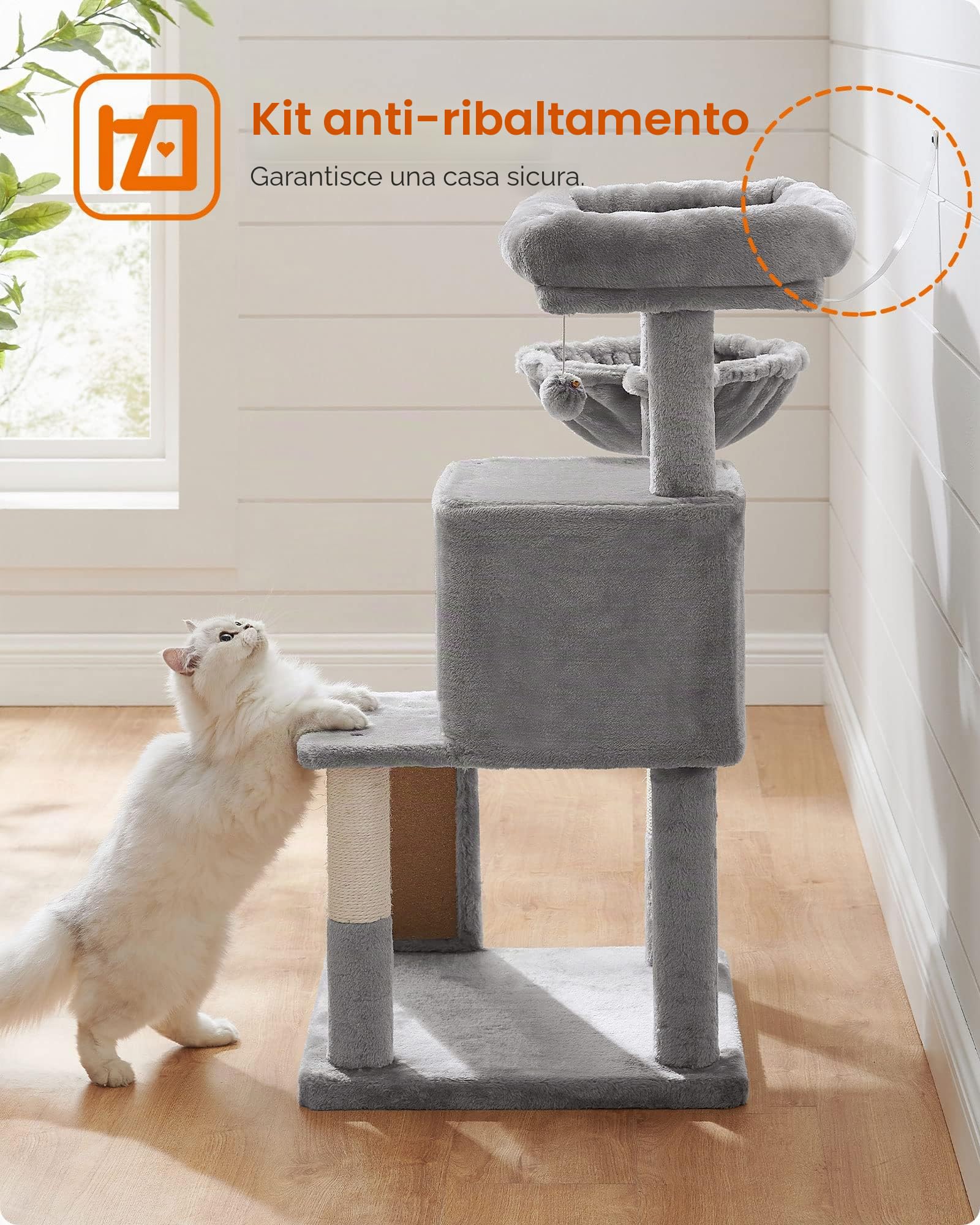 Feandrea Albero per Gatti, Tiragraffi per Gatti, Pali e Rampa Graffiatoio in Sisal Naturale, 2 Pompon Sospesi, Grotta, Cesto, Trespolo di Peluche, Grigio Chiaro PCT51W