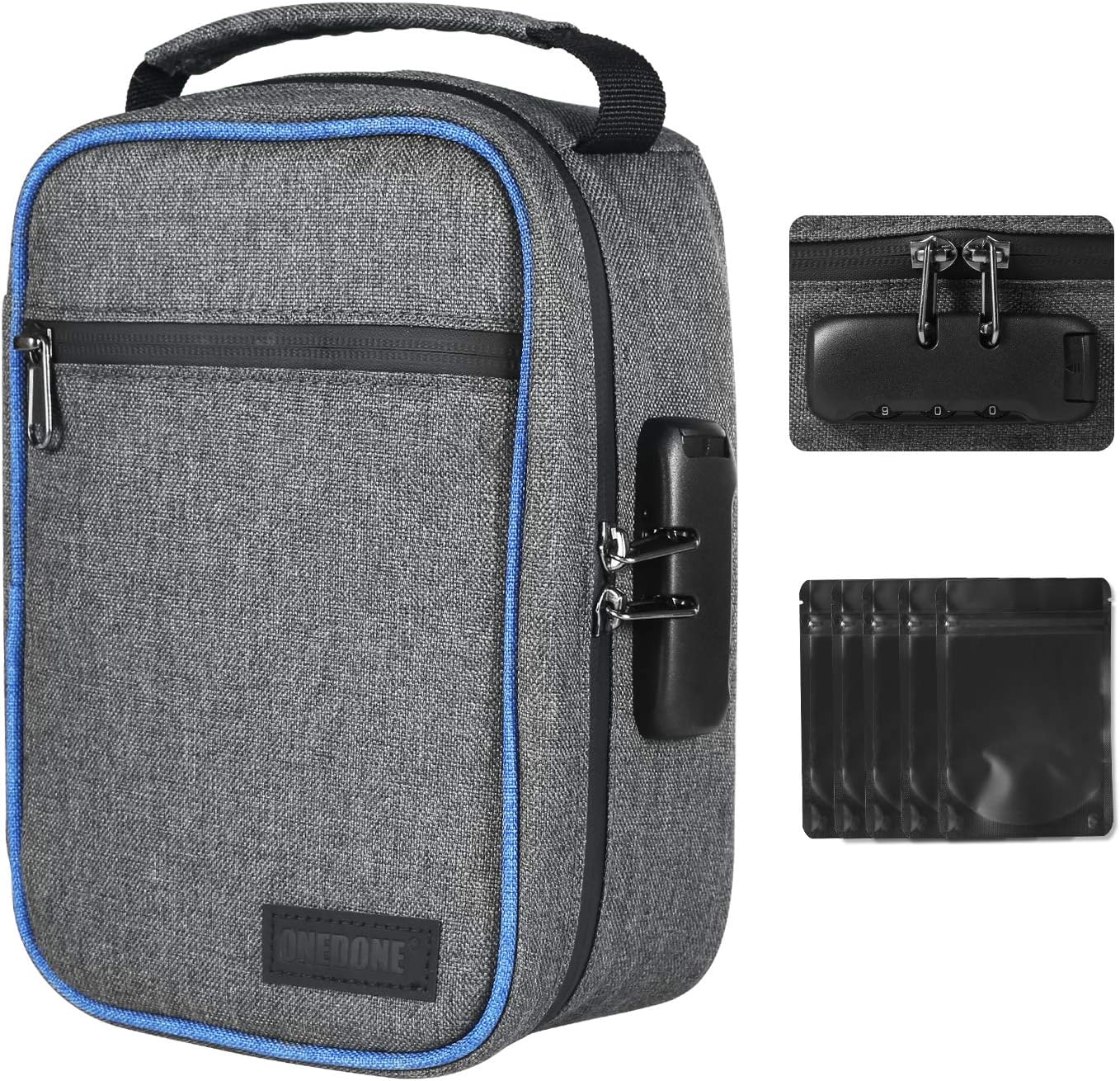 ONEDONE Smll Proof Bag Odor Proof Bag with Lock Waterproof Smell Proof Case 9.7x7x3.9 Inch Travel Storage Case for Spices, Medicine, Coffee, with 5 Resealable Bags