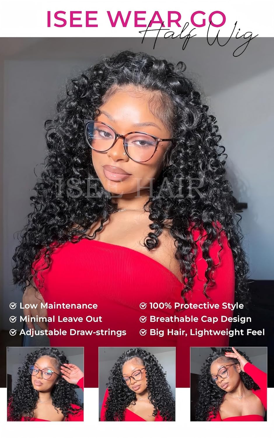 ISEE Half Wig Human Hair Water Wave Human Hair Glueless Wigs Seamless Clip Ins Flip Over Wear Go Wig Invisible Hairline Beginner Friendly (Black, 18 Inch)