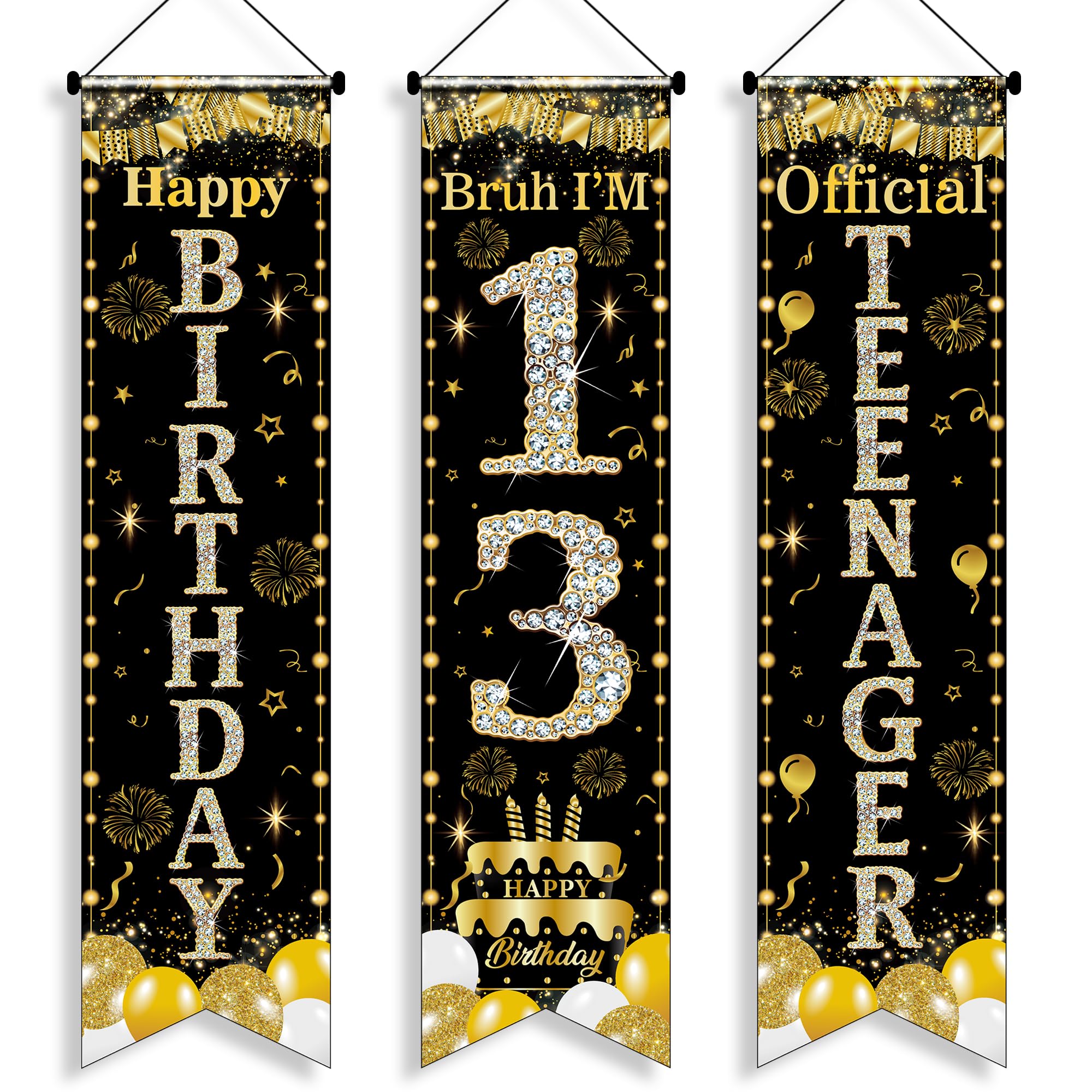 13th Birthday Decorations Door Banner - 3 Pcs Black and Gold Boy Official Teenager Happy 13th Birthday Bruh I'M 13 3.9x0.9ft Door Porch Sign for 13 Years Old Boys Party Backdrop Decor Supplies