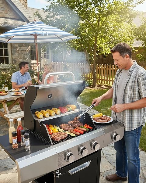 EUHOME 40,500 BTU 3-Burner Propane Gas Grill with Side Burner,Stainless Steel Outdoor BBQ Grill Portable with Wheels and Cast Iron Grates for Patio Garden Barbecue Cooking - 2