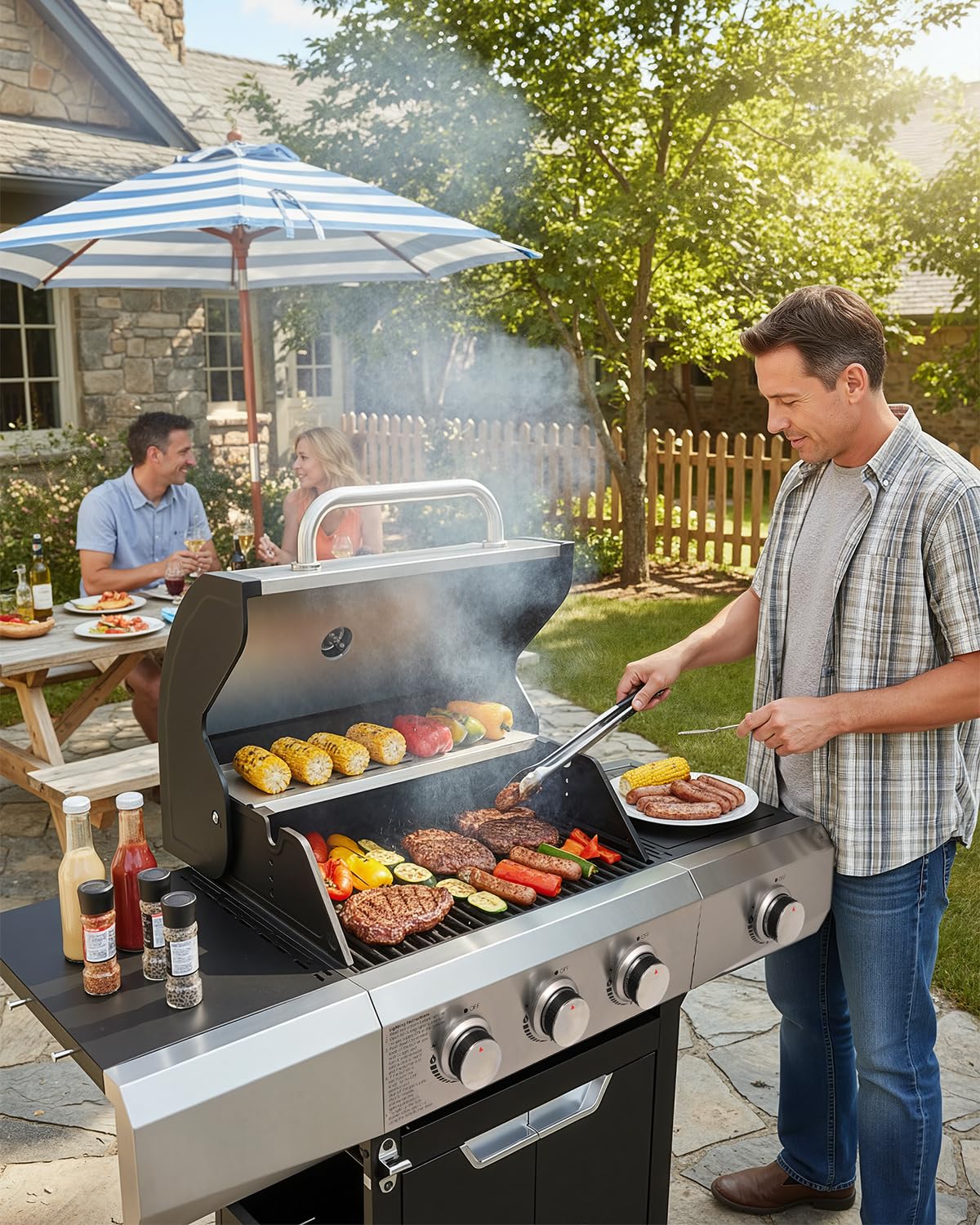 EUHOME 40,500 BTU 3-Burner Propane Gas Grill with Side Burner,Stainless Steel Outdoor BBQ Grill Portable with Wheels and Cast Iron Grates for Patio Garden Barbecue Cooking - 3