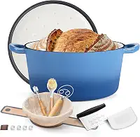 E-far Panela de forno holandês esmaltada para assar pão, panelas de ferro fundido esmaltado de 6 litros com tampa autobasting e suprimentos para assar pão de fermento, caçarola resistente e alças