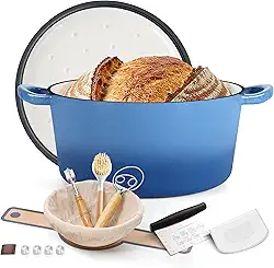 E-far Panela de forno holandês esmaltada para assar pão, panelas de ferro fundido esmaltado de 6 litros com tampa autobasting e suprimentos para assar pão de fermento, caçarola resistente e alças