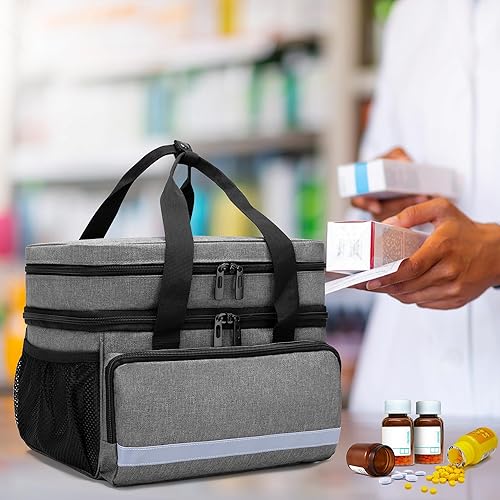Miniatura 8 de CURMIO Bolsa organizadora de botellas de píldoras de doble capa vacía, organizador de medicamentos con cremalleras bloqueables, bolsa de viaje para