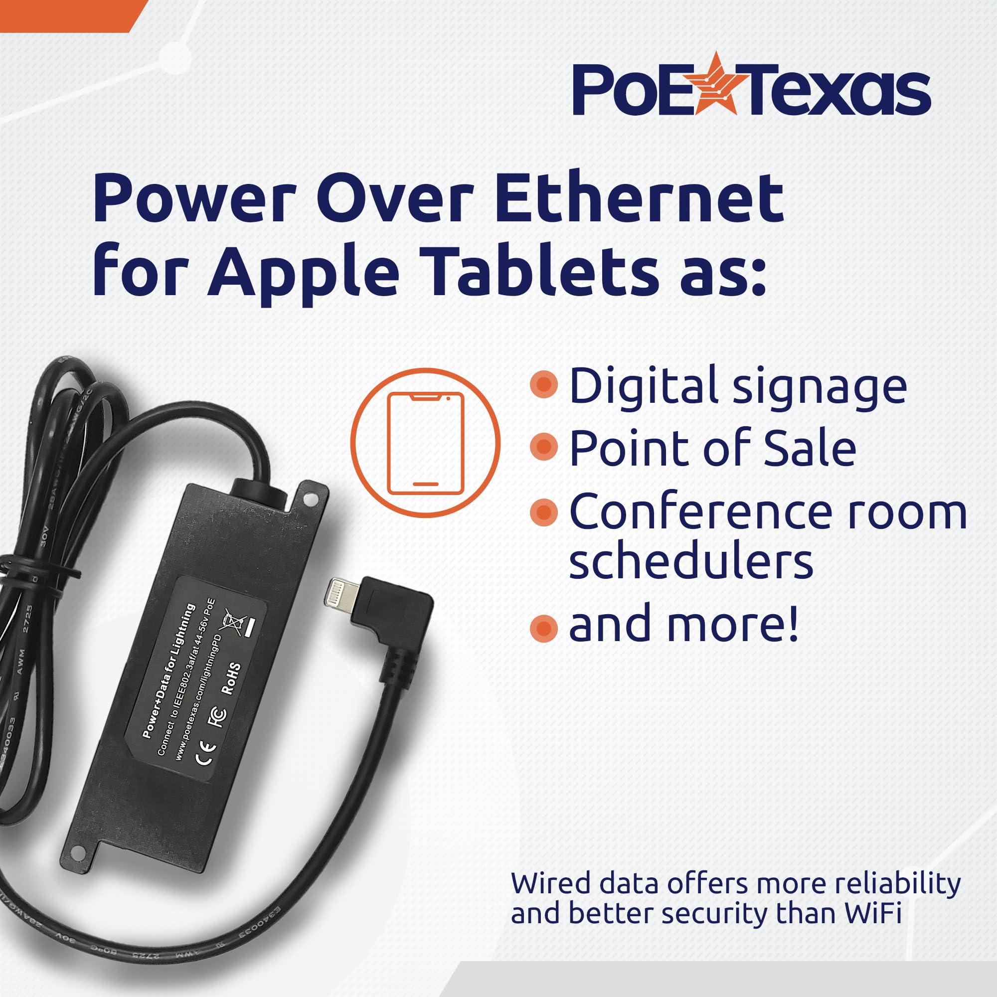PoE Texas Adattatore da Ethernet a Lightning, alimentazione e dati da 12 W