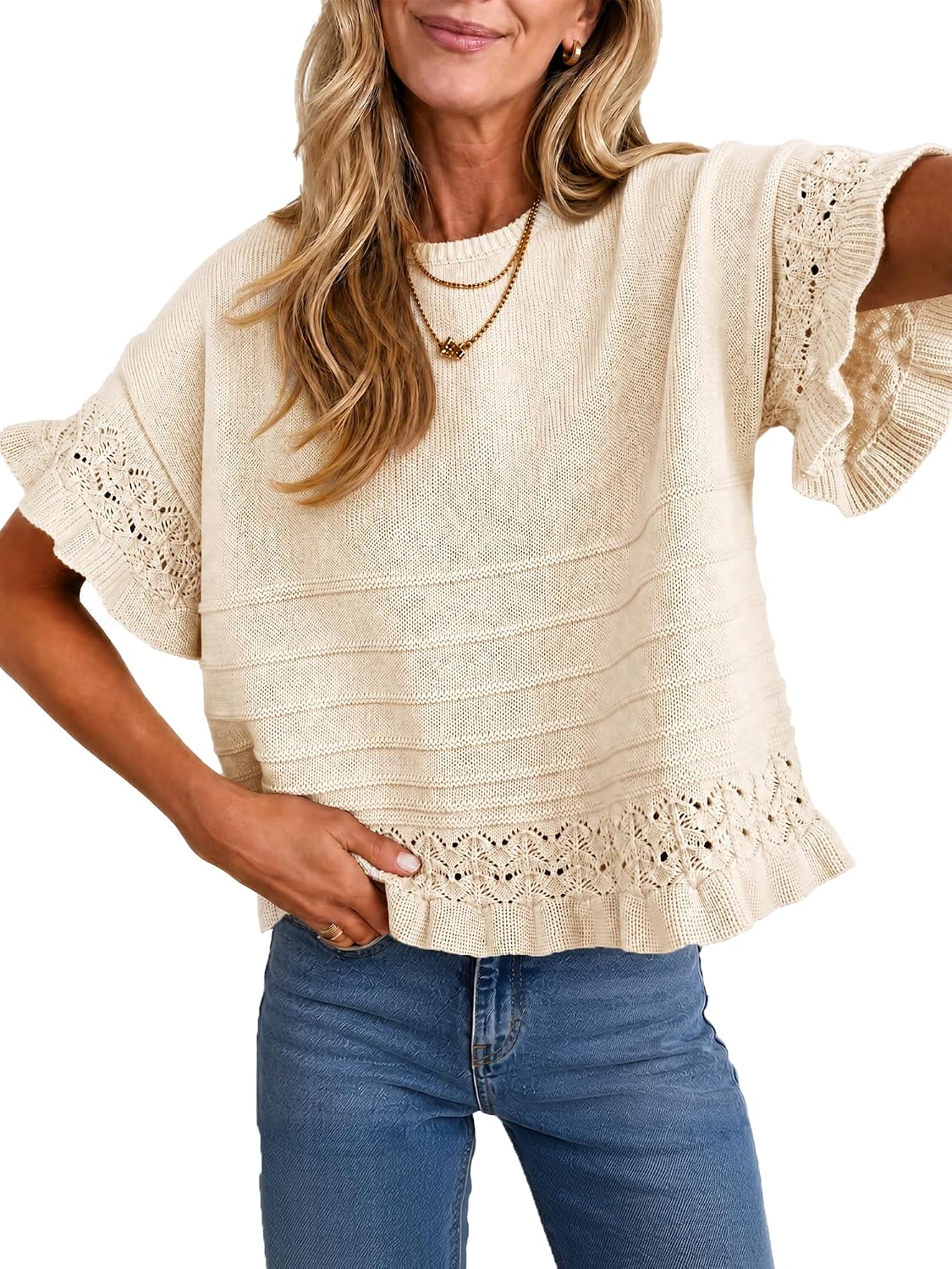 LaGracia Womens Short Sleeve Sweater Round Neck Cotton Cropped Knit Crochet Sweater Casual Summer Spring Tops 2026