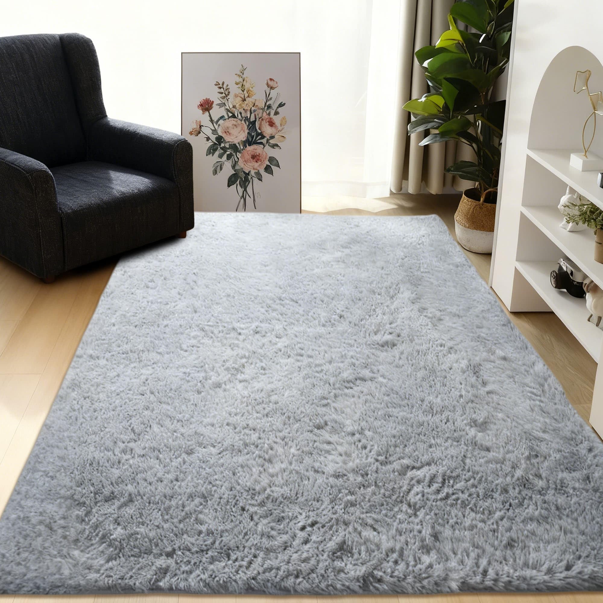 Grand tapis de salon antidérapant 110x160 tapis chambre doux gris clair