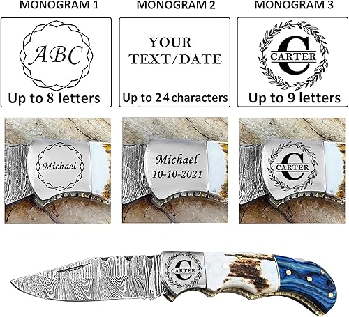 Miniatura 2 de Navaja de bolsillo de Damasco personalizada para hombres, cuchillos plegables grabados hechos a mano de 6.5 pulgadas con funda de cuero para caza,