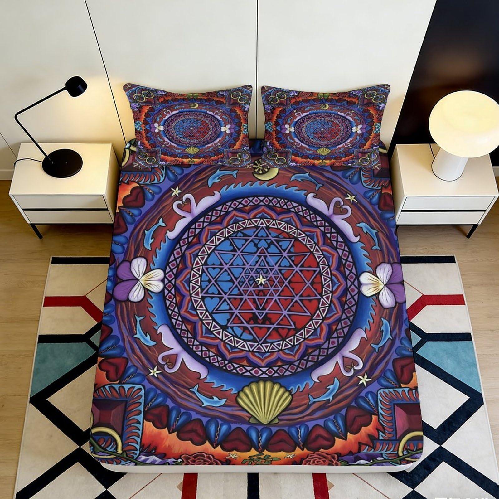 3D Printed mandala Fitted Sheet with vibrant geometric patterns, Microfiber soft touch, wrinkle resistant, daily use, apartment bedding, decor for bedroom, guest room, easy to remove 90x200x25cm