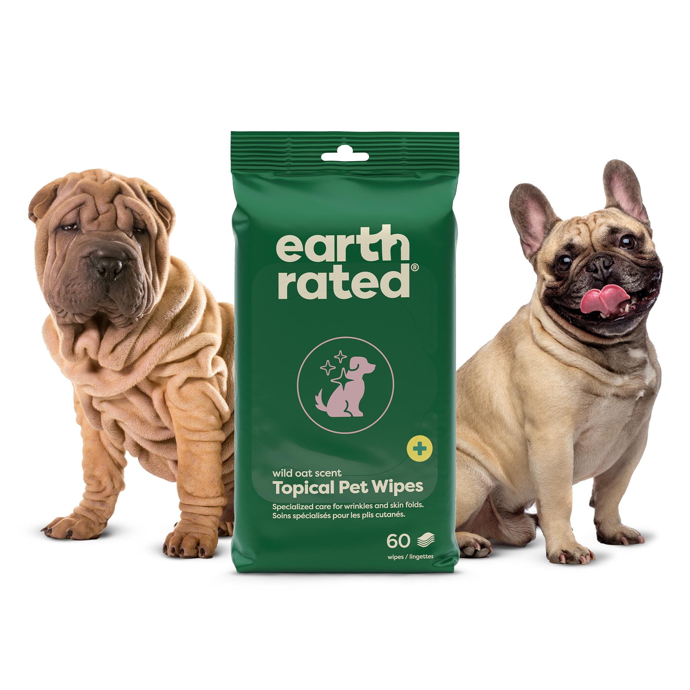 Earth Rated Wrinkle Wipes for Dogs, Perfect for Bulldogs and Pugs, to Cleanse Wrinkles and Folds, Wild Oat Scent, 60 Count