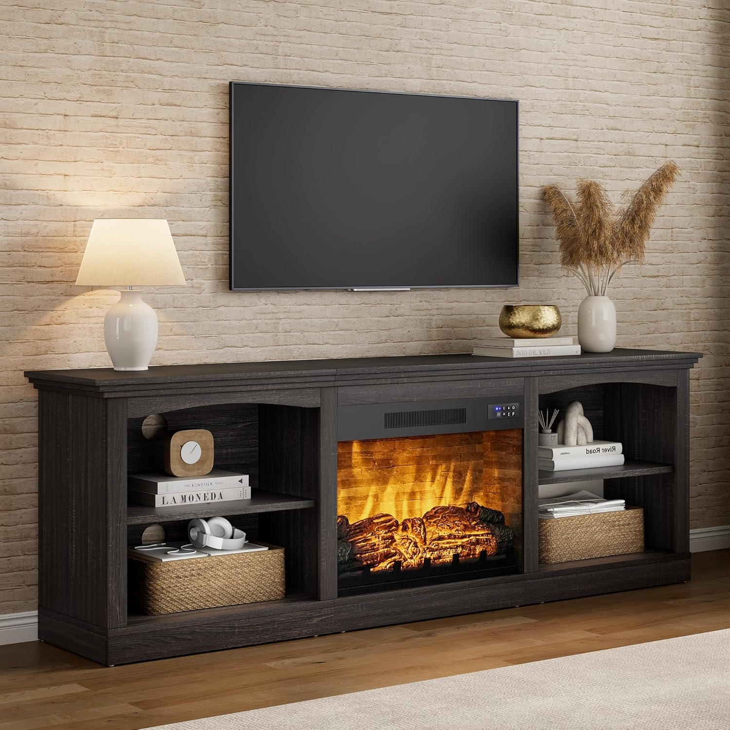 AMERLIFE 70" Farmhouse Fireplace TV Stand for TVs up to 80", Entertainment Center with 23" Fireplace, Open Shelves, One-Box Delivery, Media Console Table for Living Room, Antique Black