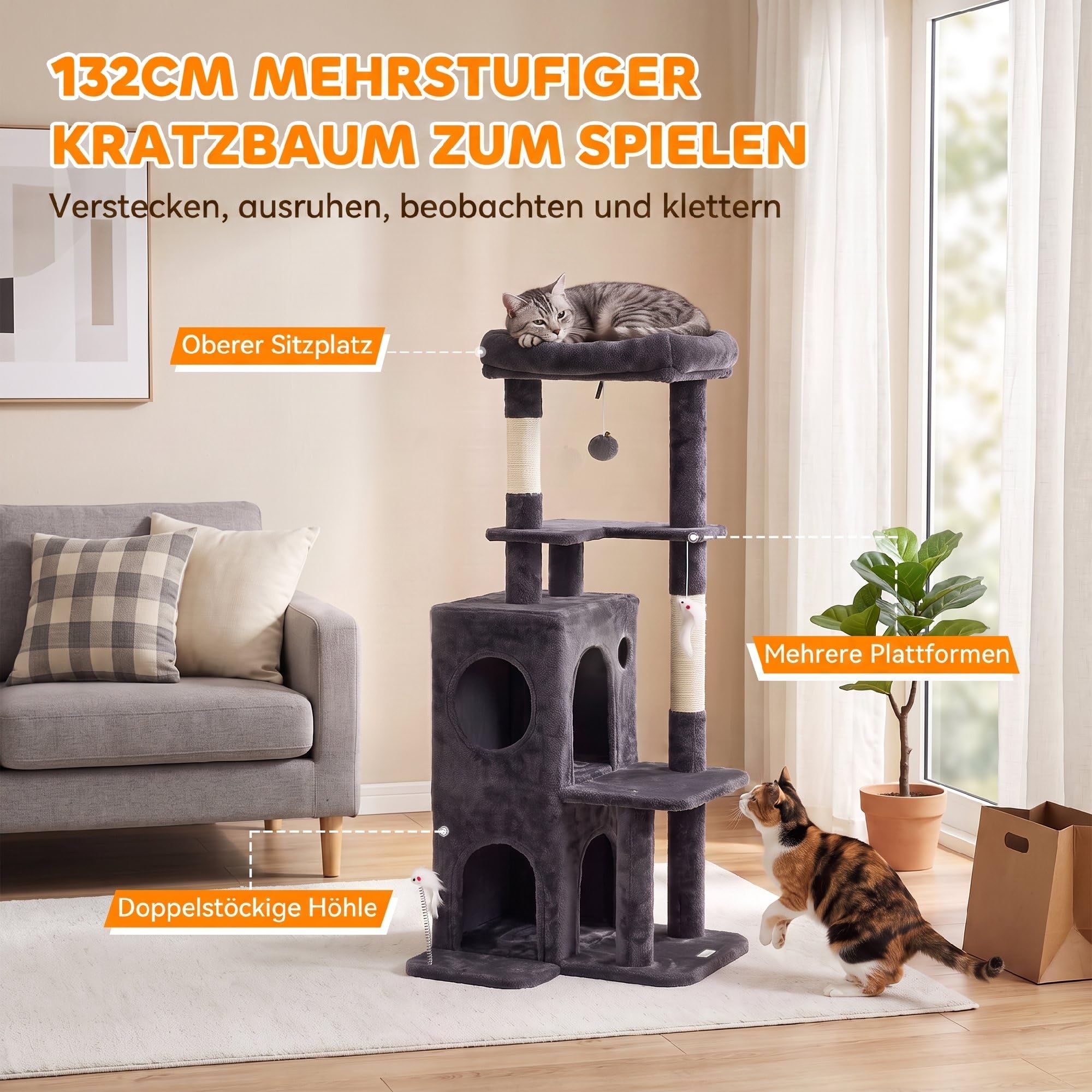 PawHut Kratzbaum 132 cm Katzenturm Höhle für mittelgroße Katzen Dunkelgrau