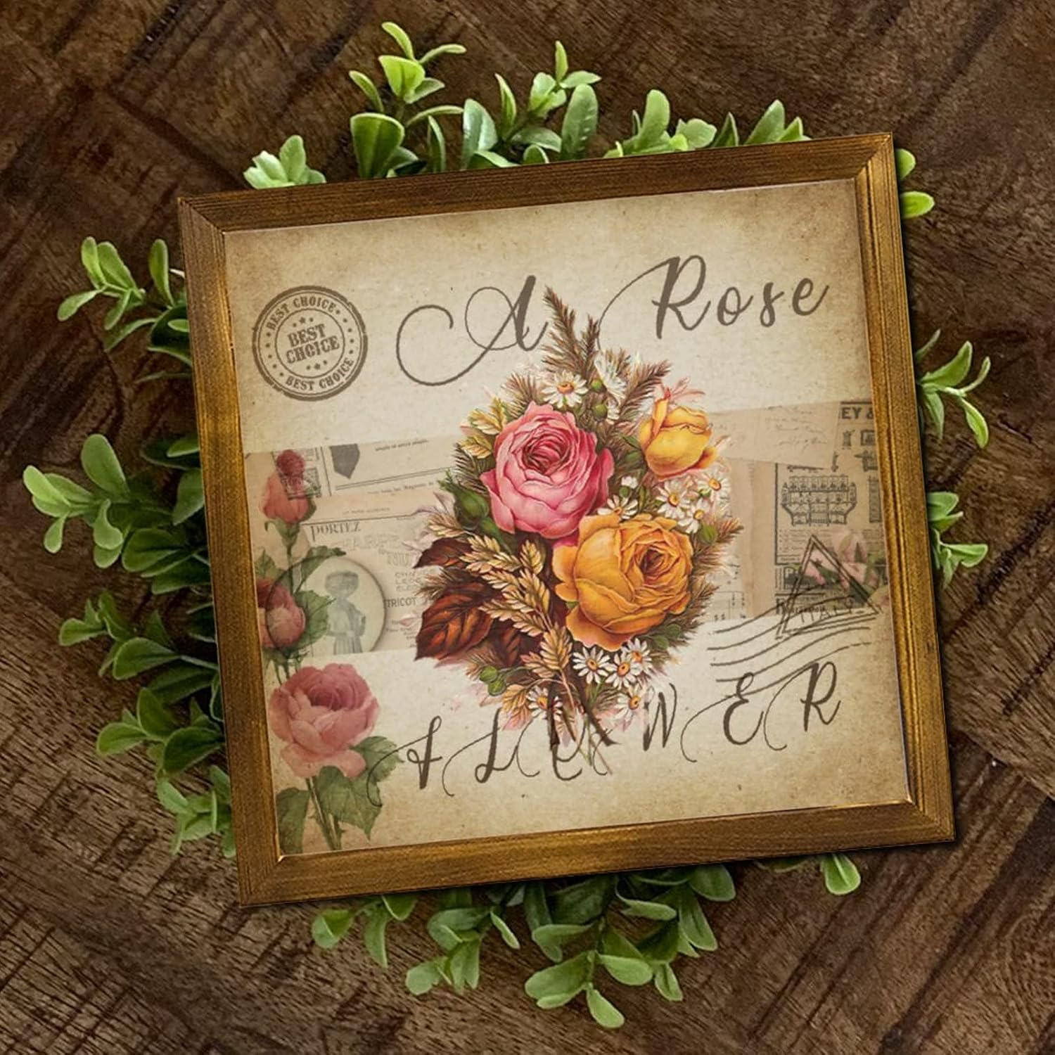 Vintage French Rose Flower Framed Wood Sign Retro Newspaper Music Note Wood Plank Hanging Sign Classic Garden Floral Wood Wall Hanging Decorative for Home Restroom Bathroom Toilet Kitchen 12x12 inch