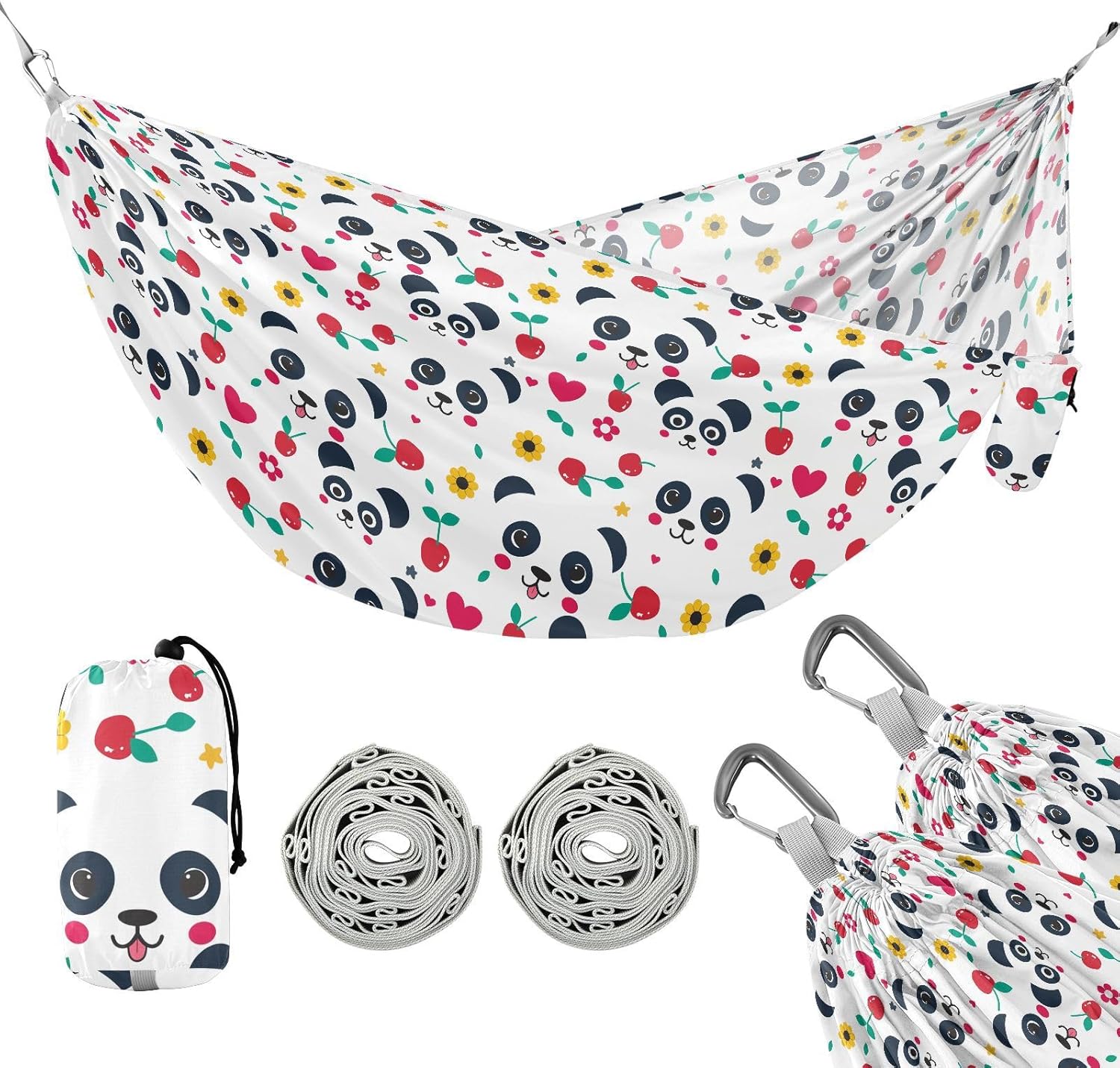 ALAZA Panda Cherry Camping Hammocks Single or 2 Person 500 lbs Portable Parachute Travel Hammock w/Tree Straps for Hiking Backpacking Indoor Outdoor