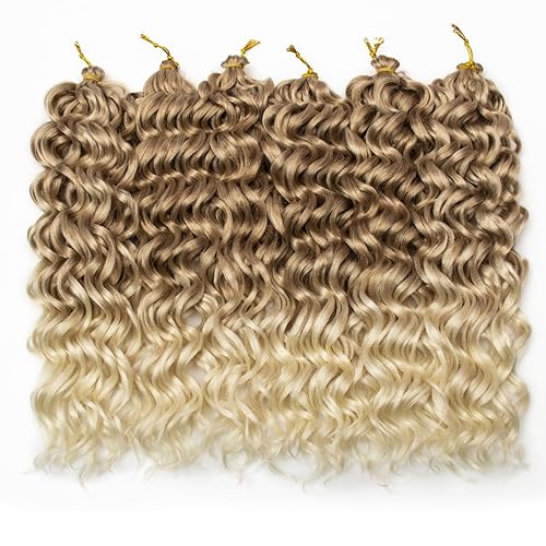 Miniatura 2 de 6 paquetes de cabello ondulado con ganchillo de 18 pulgadas, onda profunda, cabello rizado de ganchillo degradado rubio hawaiano, pelo trenzado