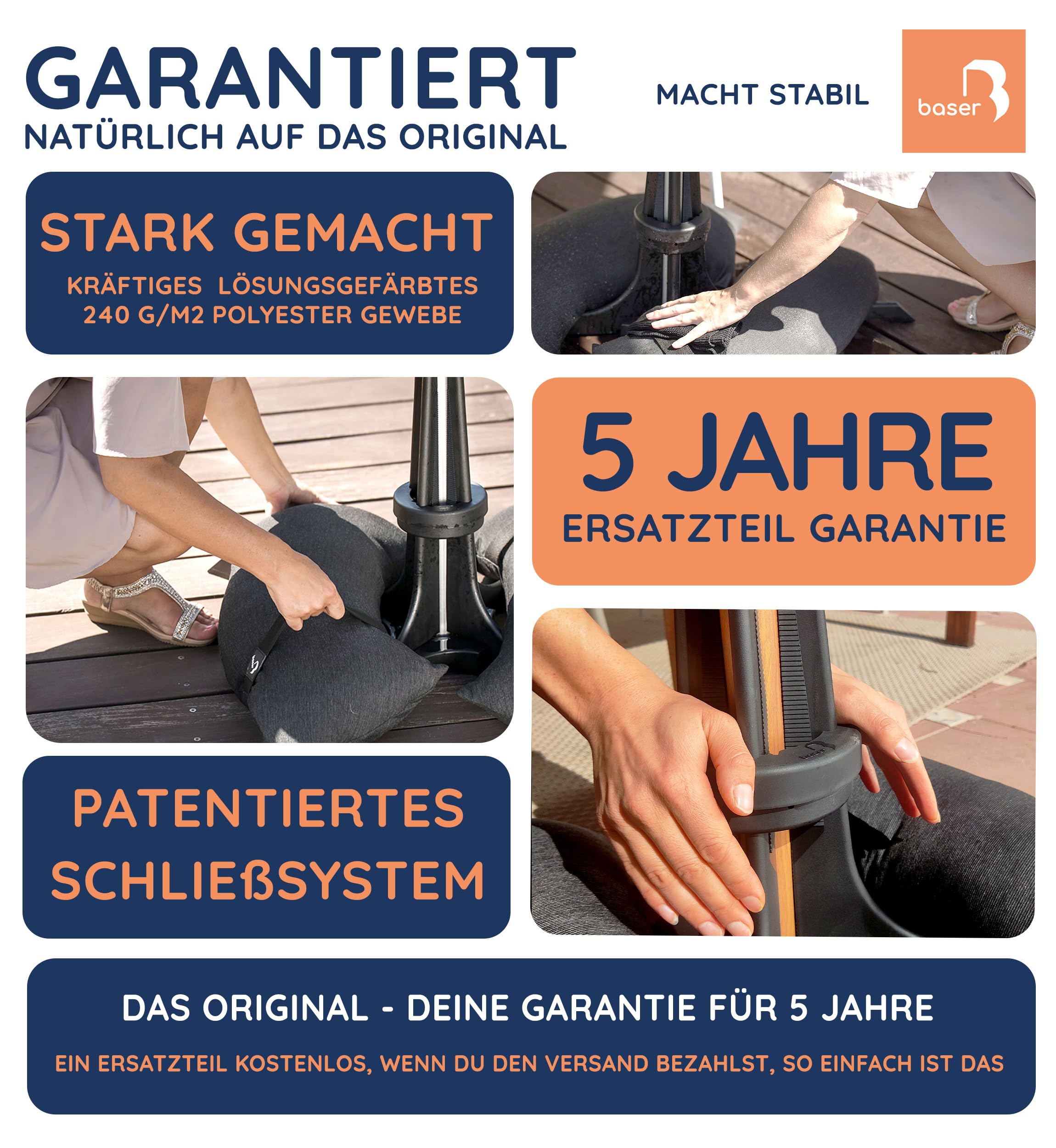Baser Original Sonnenschirmständer mit Befüllbaren Sandsäcken, Flexibler Schirmhalter für 25-48mm Rohre, Patentiertes System, Wetterfestes Recyceltes Material | Sonnenschirmständer Befüllbar, Wetterfestes Recyclingmaterial, Flexibler Schirmhalter, Für Gar