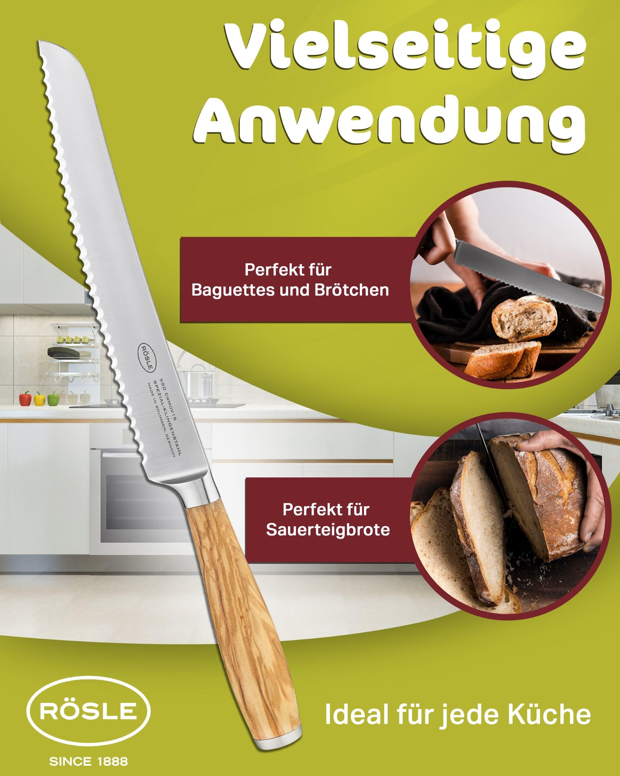 RÖSLE Nóż do chleba Artesano, wysokiej jakości nóż kuchenny do cięcia chleba, bułek i bagietek, Made in Solingen, ząbkowany, stal specjalna ostrza, drewno oliwkowe