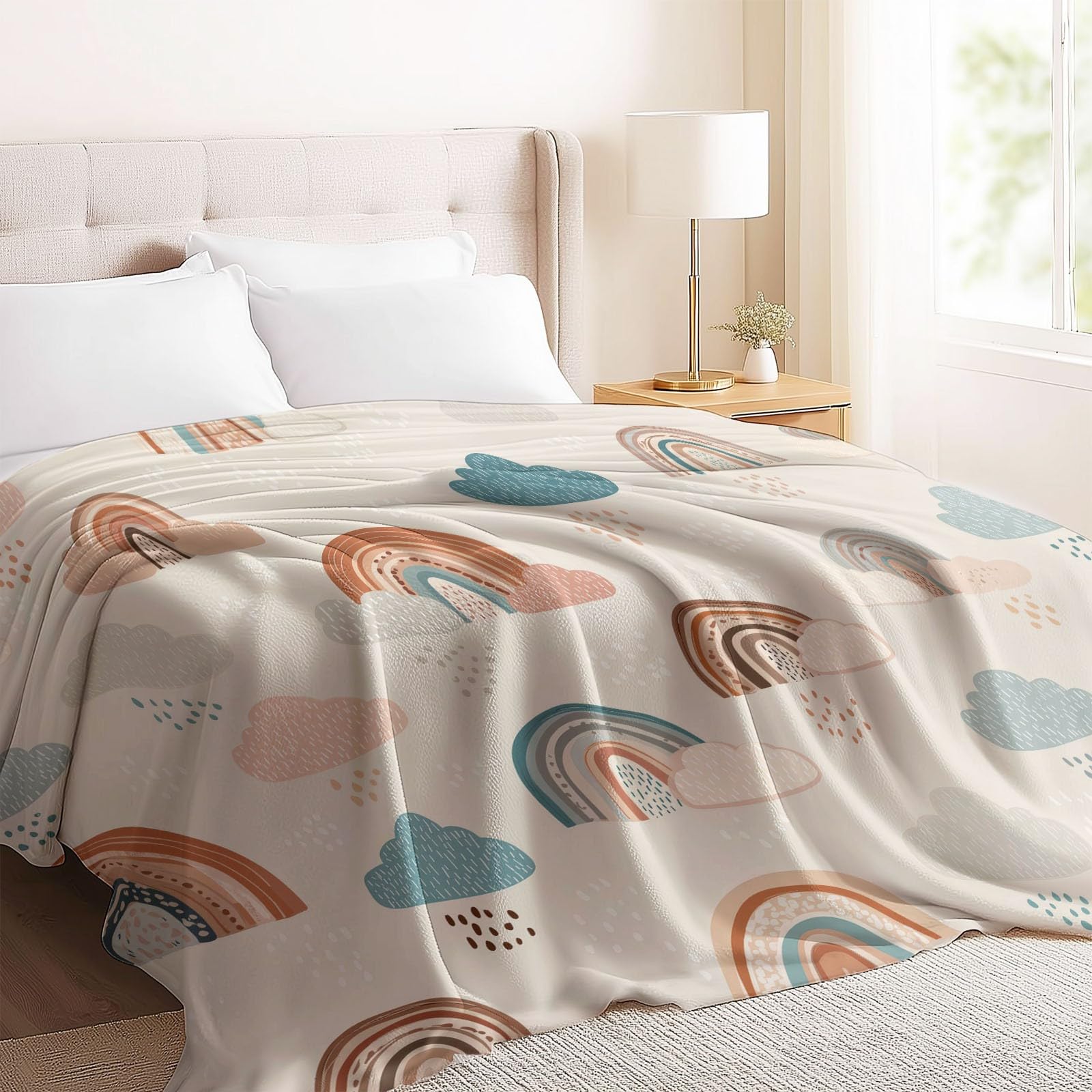 Manta de Franela Súper Suave 200 x 220 cm – Manta Cálida con Estampado de Minimalista Divertido Nubes, Ideal para Sofá Cama o Viaje Crema