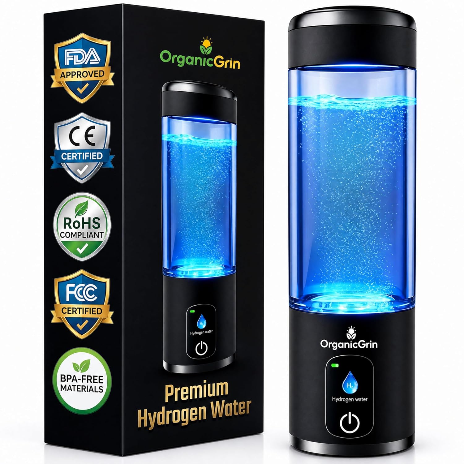 Premium Hydrogen Water Bottle Generator | 8000 ppb PEM SPE Technology | Pure Hydration | Portable Travel Ionizer | No Ozone/Chlorine | Rechargeable | Extended Warranty |10.8 oz Black