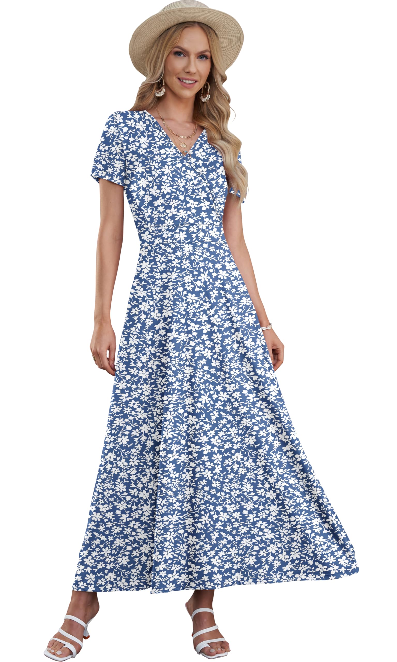 AUSELILY Vestito Lungo Donna Scollo a V Maxi Vestito Donna Elegante Estivo Manica Corta Abito Casual Vita Alta Abiti Vestiti con Tasche