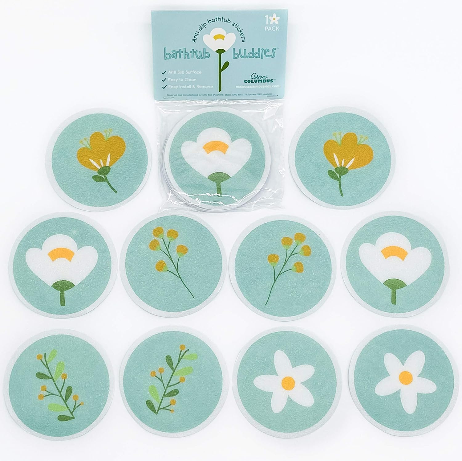 Curious Columbus Non Slip Bathtub Stickers (Flower Design). Pack of 10 Treads. Adhesive Non-Slip, Anti Skid Bath tub Appliques.