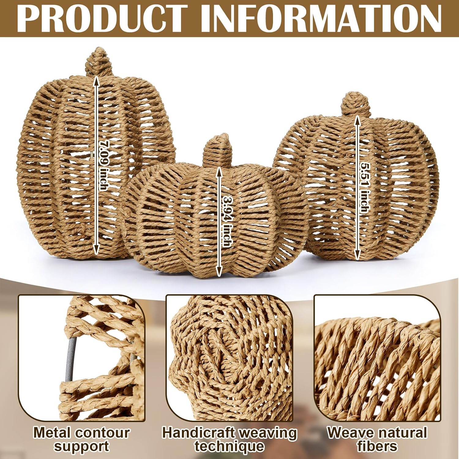 Geelin 3 Pcs Neutral Fall Decor Weave Rattan Pumpkins 3 Sizes Faux Woven Pumpkin Centerpiece Handmade Crafts for Autumn Thanksgiving Harvest Table Runner Mantel Home Office Party Decor