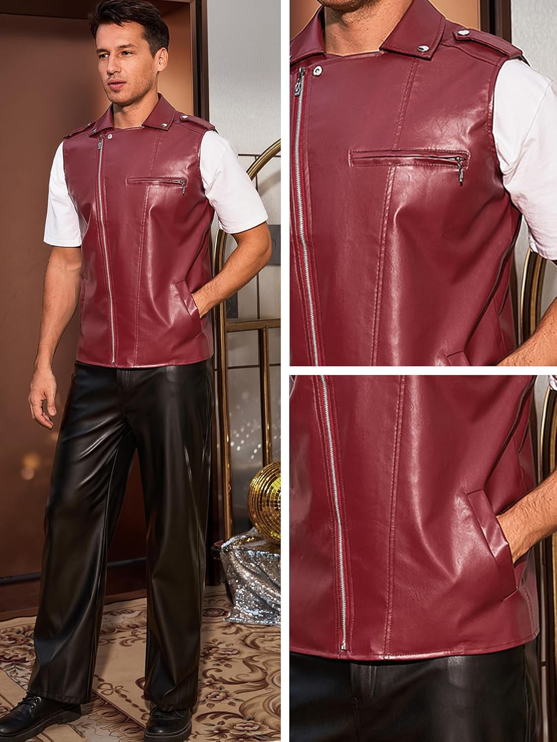 Lars Amadeus Faux Leather Vest for Men's Motorcycle Biker Sleeveless Jacket Zipper Riding PU Vest