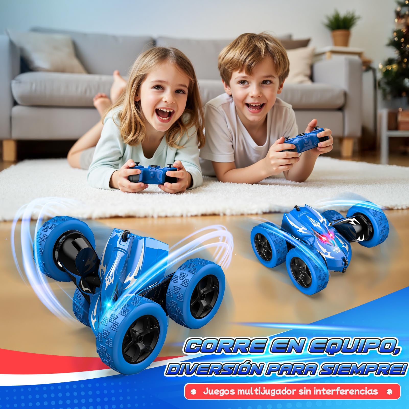 HappyGoLucky Coche Teledirigido 360° Rotación con Faros LED, 2.4 GHz Coche RC Monster Truck Juguetes Regalo Niños 3-8 Años, Regalos Cumpleaños Juegos Exterior Coches para Niños 4x4 Crawlers