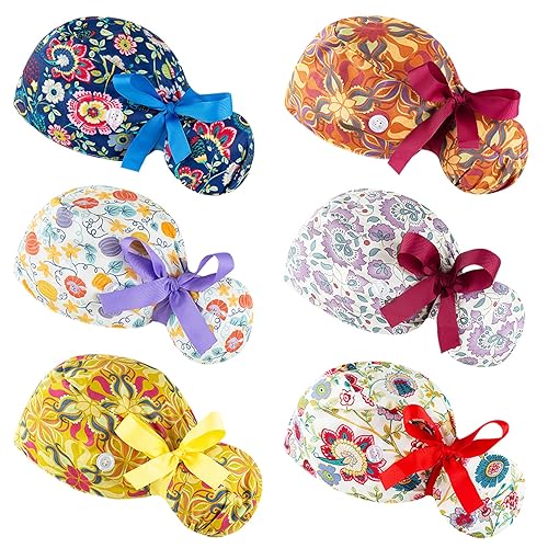 Miniatura 9 de Gorras quirúrgicas para mujer, gorra de trabajo ajustable, bolsa de cola de caballo, gorra de ducha con lazo en la parte trasera