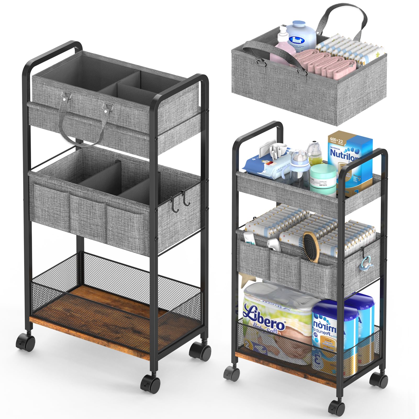 LIDTOP 2In1 Baby Diaper Caddy & 3-Tier Rolling Diaper Cart, Diaper Caddy Organizer Cart with Dividers, Mobile Metal Utility Cart for Nursery Essentials, Detachable Bedside Cart, Large Capacity