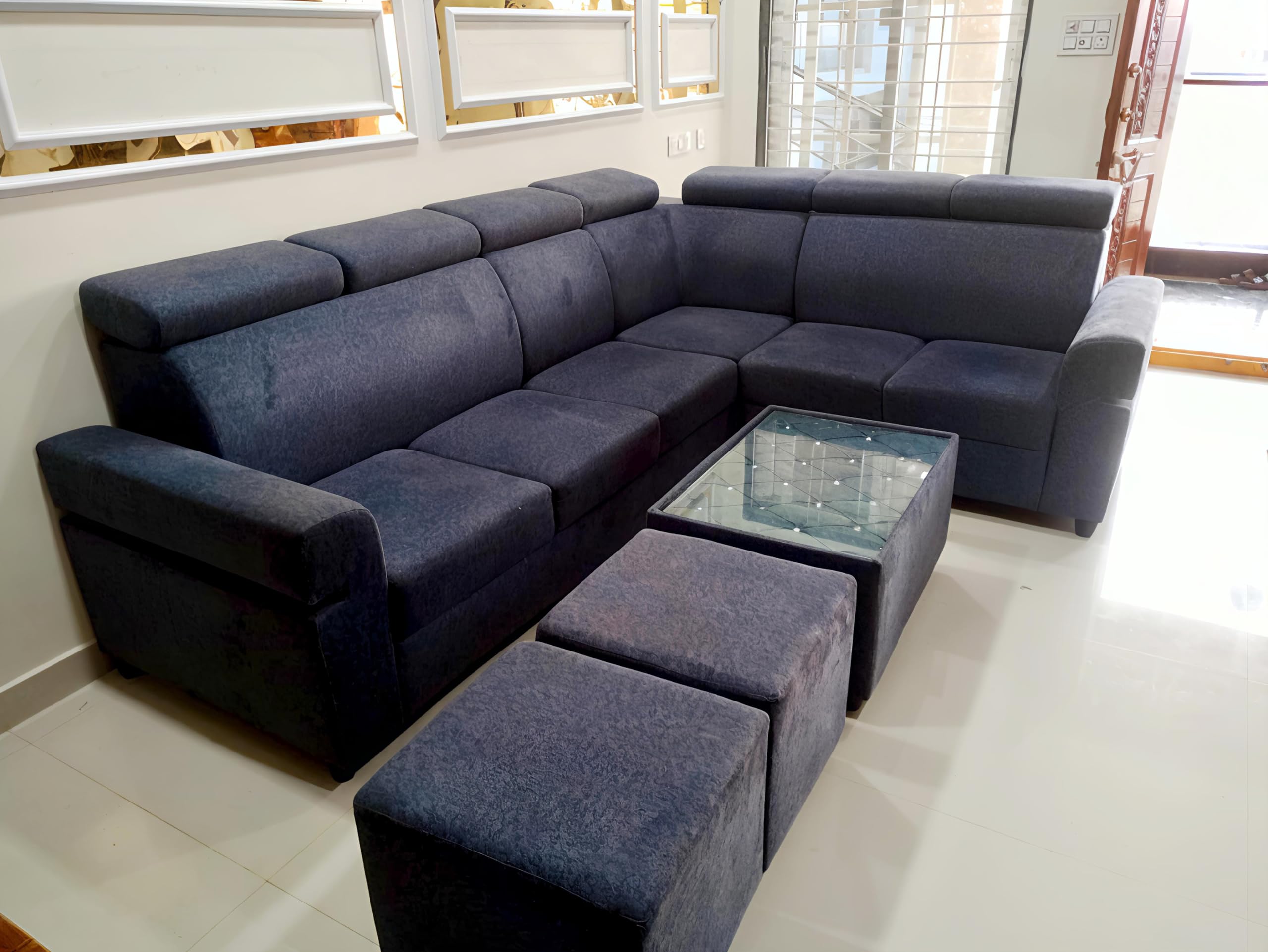 Taxzek 6+2 Modern L-Shaped Sectional Sofa Set with Glass Centre Table, Adjustable Headrests, Grey Fabric, 2 Ottoman Stools-image-13