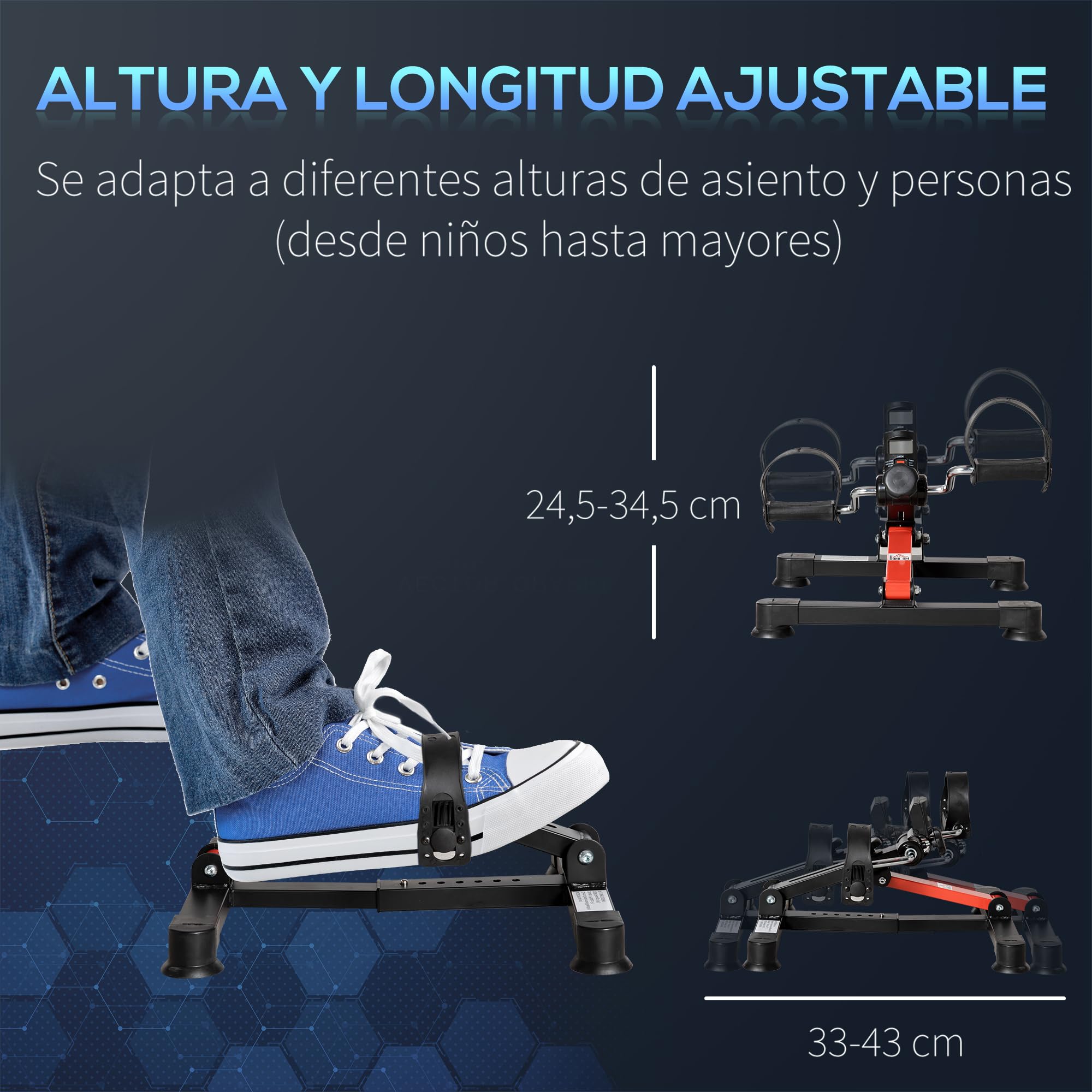HOMCOM Mini Bicicleta Estática de Ejercicio 33-43x40x24,5-34,5 cm Negro | Pedales Estáticos, Altura y Longitud Ajustables, Pantalla LCD, Máquina Pedalear de Manos y Piernas