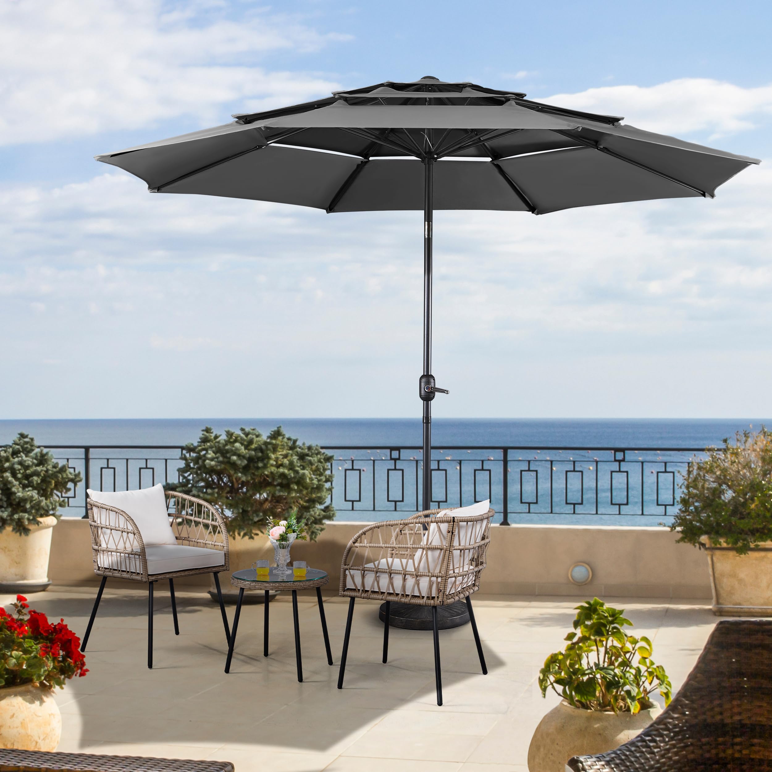 Yaheetech Parasol przeciwsłoneczny z 3-warstwowym dachem Φ 324 cm, odchylany parasol ogrodowy, ochrona przed promieniowaniem UV, wentylowany, okrągły parasol do ogrodu/balkonu/tarasu/plaży, szary