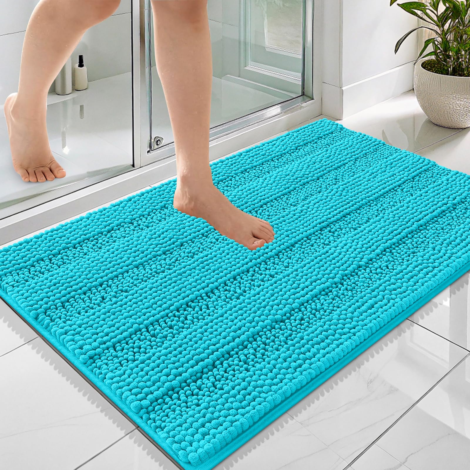OLANLY Thick Bathroom Rugs 36x24, Soft Chenille Striped Bath Rugs, Aqua Sky
