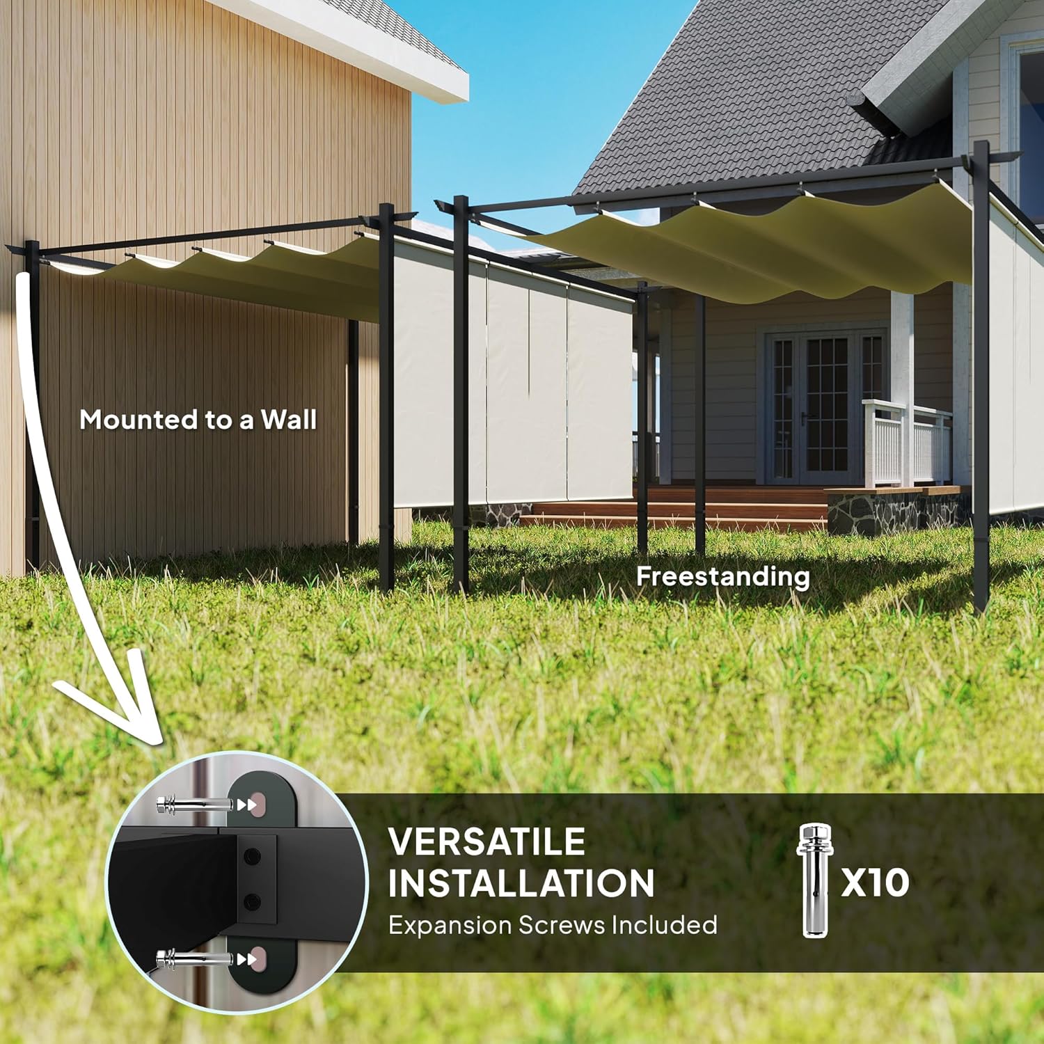 Outsunny 10' x 12' Outdoor Gazebo, Retractable Pergola Canopy with Roller Shade, Wall-Mounted or Free Standing Metal Pergola Kit, UPF30+ Sun Shade Shelter, Beige - Image 5