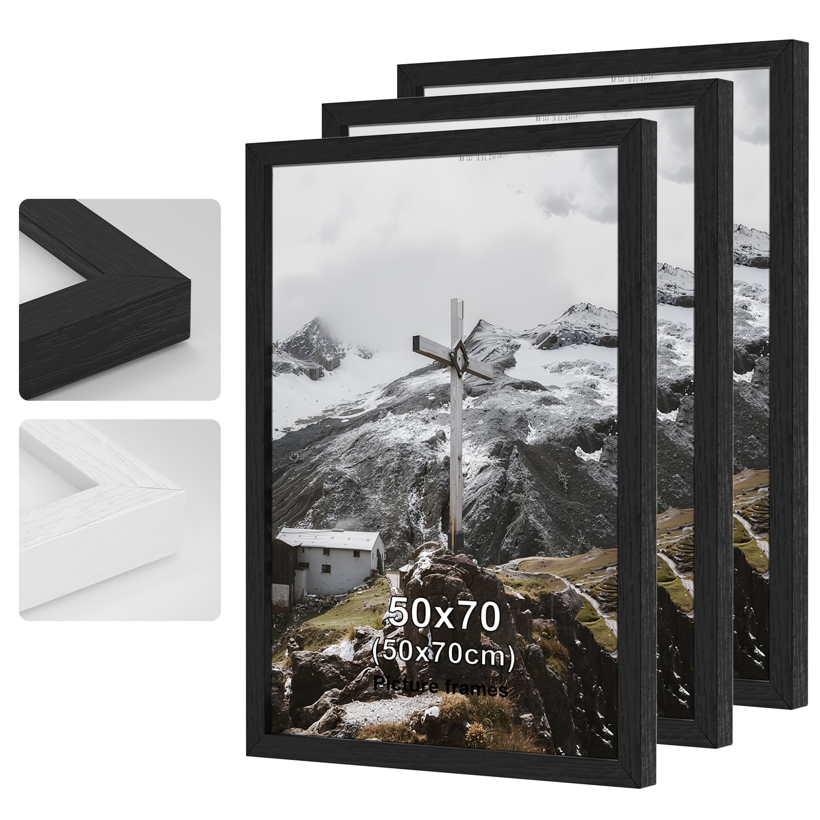 Cadre photo en bois noir 50x70 cm lot de 3 anti-bris avec verre plexiglas sécurisé
