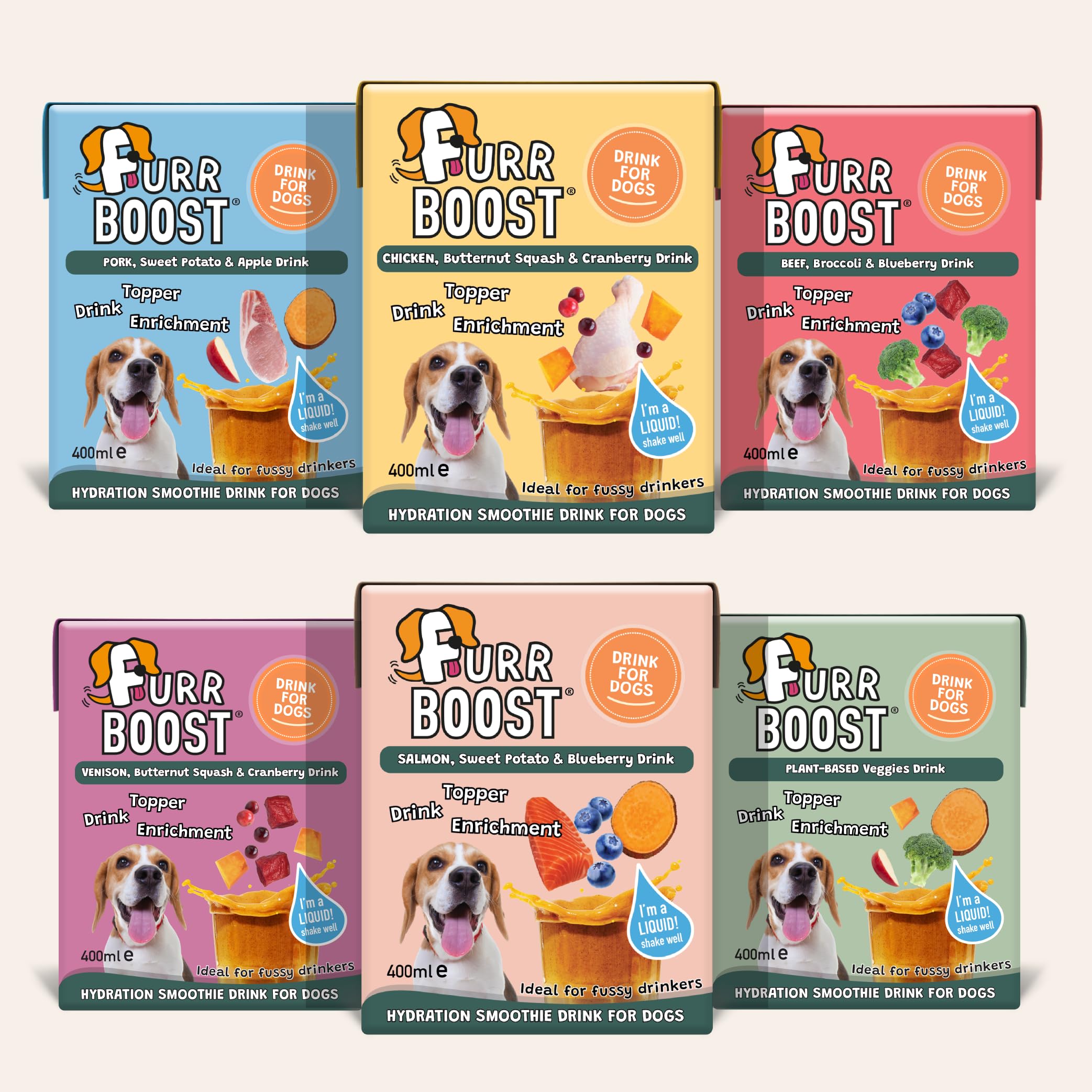 Dog Food Topper for Picky Eaters | Hydration Drink and Bone Broth Alternative | Furr Boost Variety Pack 6 x 400ml | Chicken, Beef, Pork, Salmon, Venison, Plant-Based