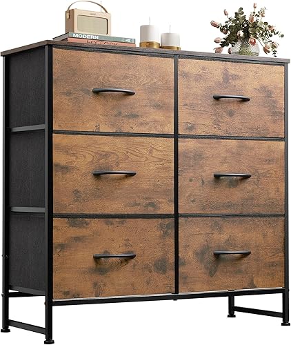 WLIVE 6 Drawer Dresser for Bedroom, Fabric Double Dresser, Storage Tower with Fabric Bins, Chest of Drawers for Closet, Living Room, Hallway, Rustic